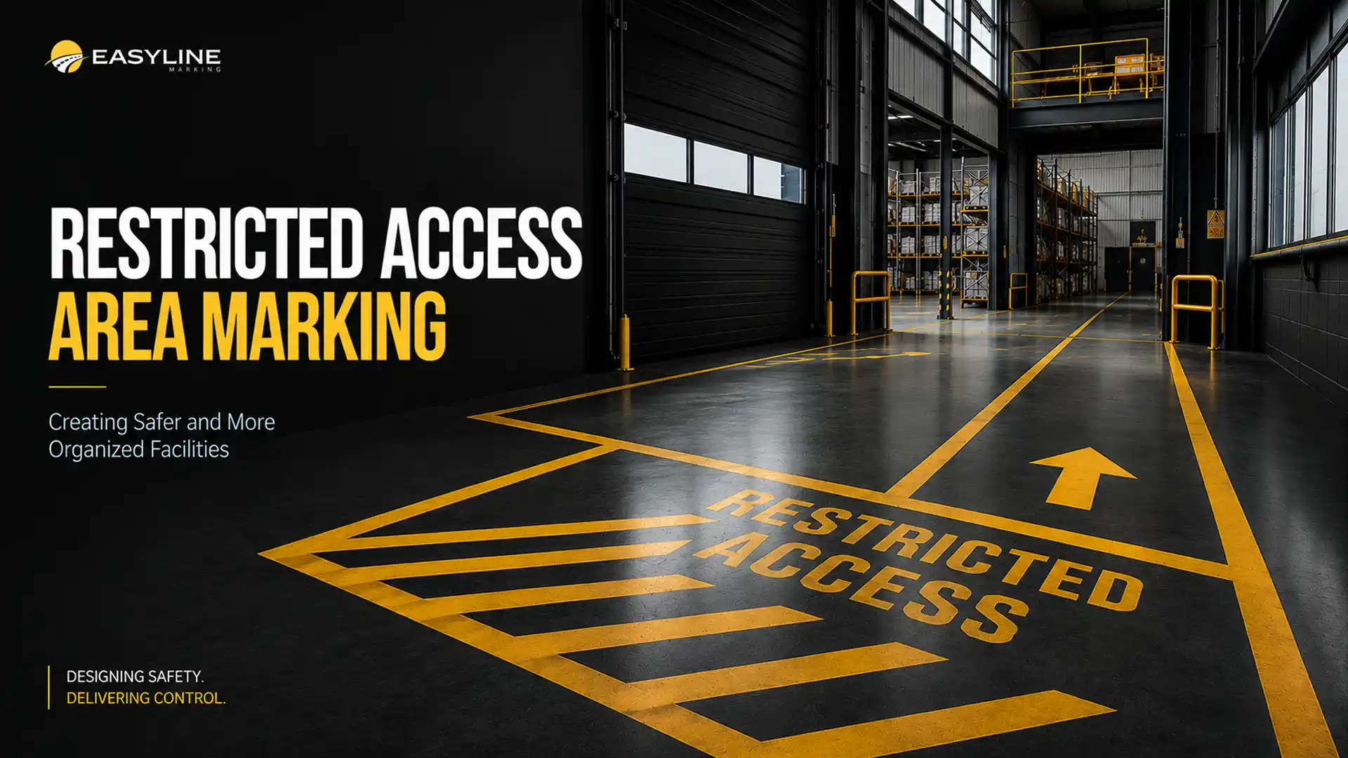 Professional Restricted Access Area Marking with high-visibility yellow floor lines, arrows, and safety zones designed to control access and improve safety in warehouses and industrial facilities.