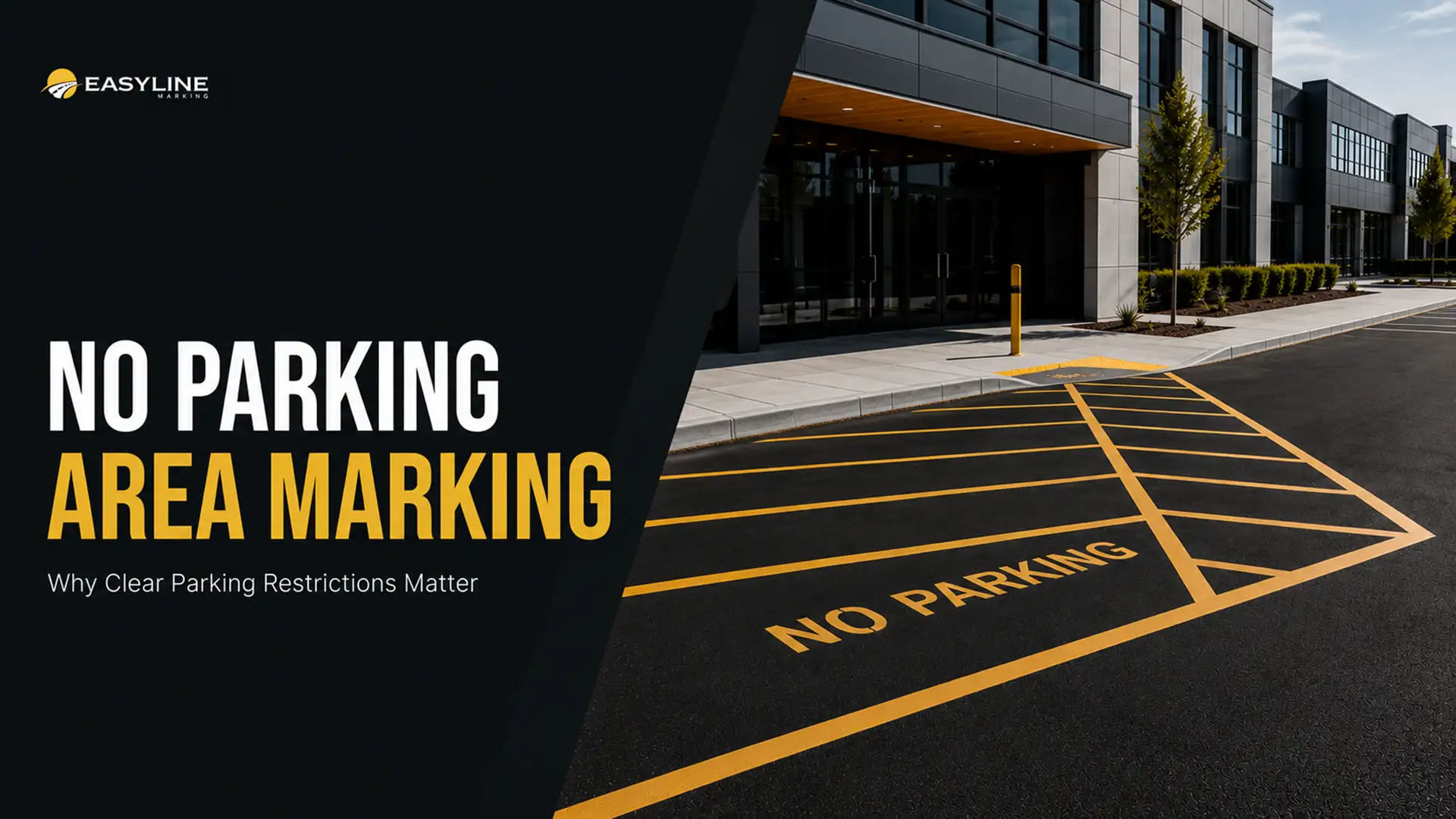 Professional No Parking Area Marking with high-visibility yellow crosshatch lines and pavement text to prevent unauthorized parking and maintain safe access around commercial and industrial properties.