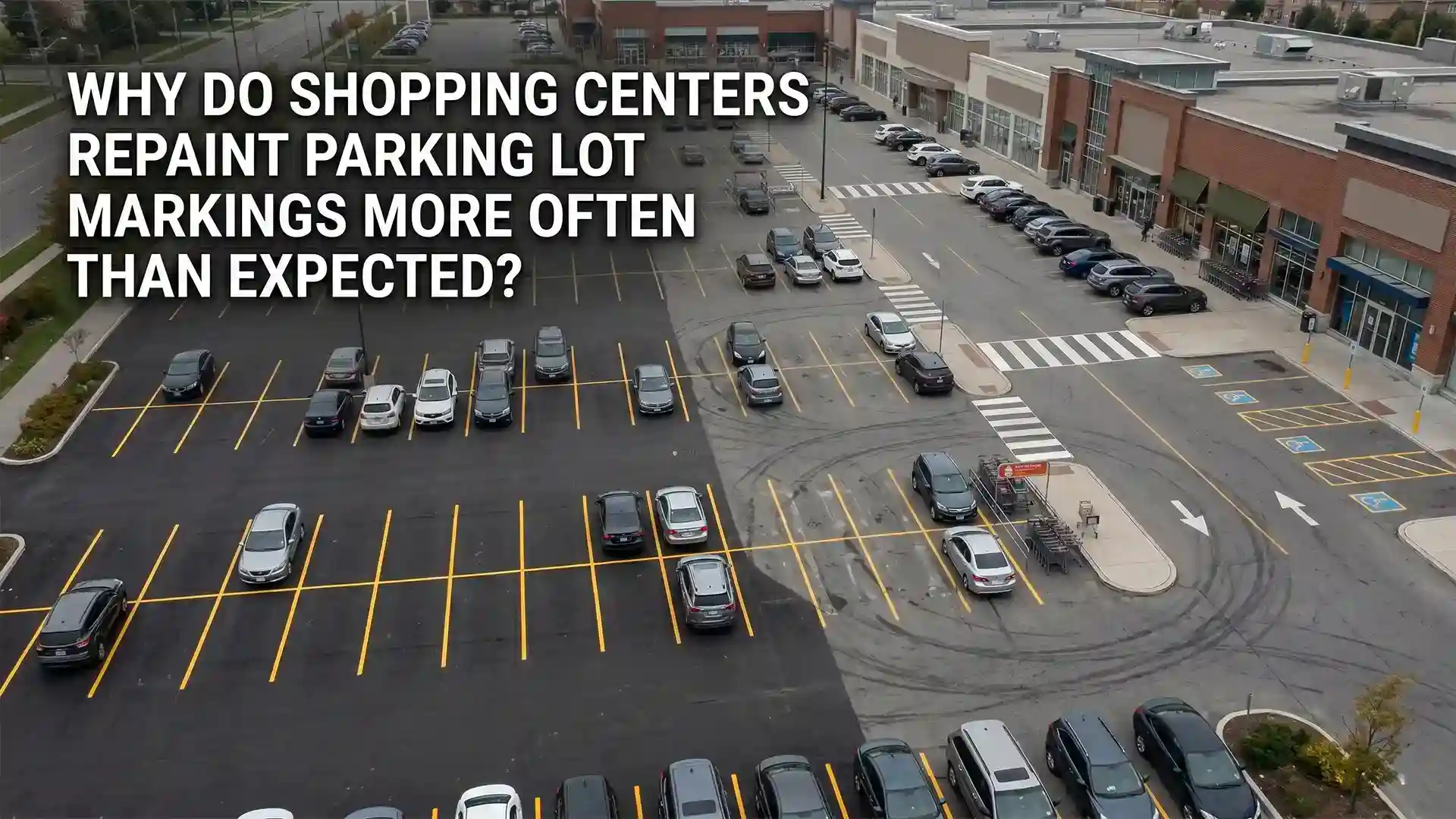 Professional Shopping Centre Line Painting featuring freshly painted parking stalls, pedestrian crosswalks, directional arrows, accessible parking spaces, and traffic flow markings in a busy commercial shopping centre.