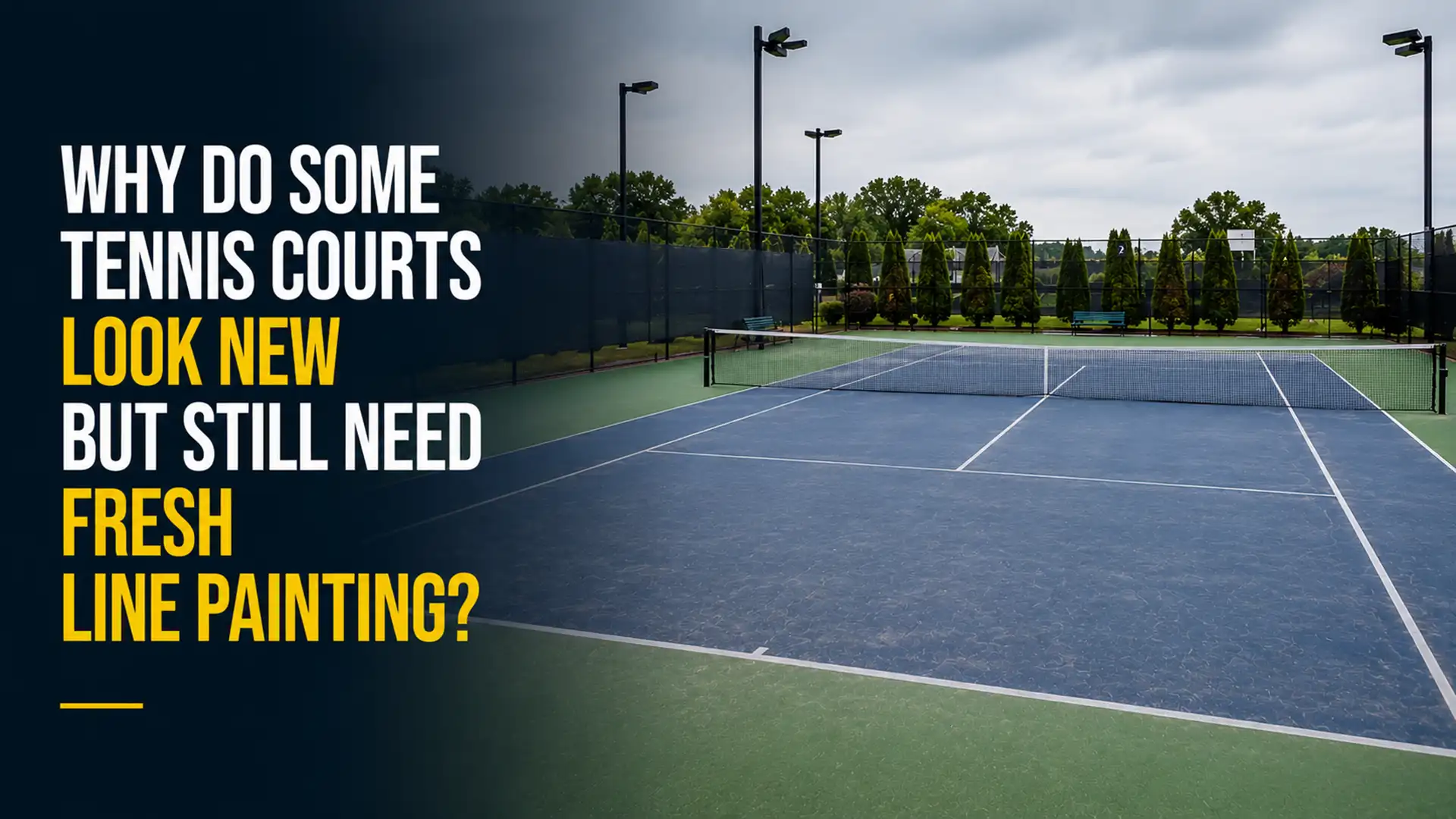 Freshly painted tennis court with crisp white boundary lines, clean blue playing surface, and green outer court, showcasing Tennis Court Line Painting Vaughan for long-lasting visibility and professional play.