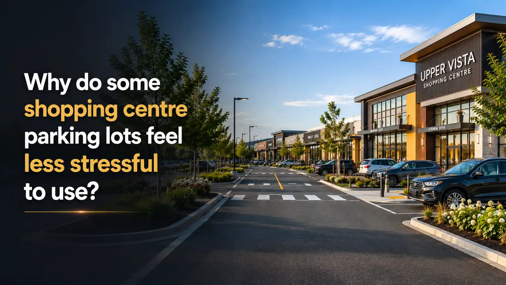 Modern shopping centre parking lot with clearly painted crosswalks, traffic lanes, and pedestrian crossings demonstrating professional Shopping Centre Line Painting that improves navigation and customer safety.