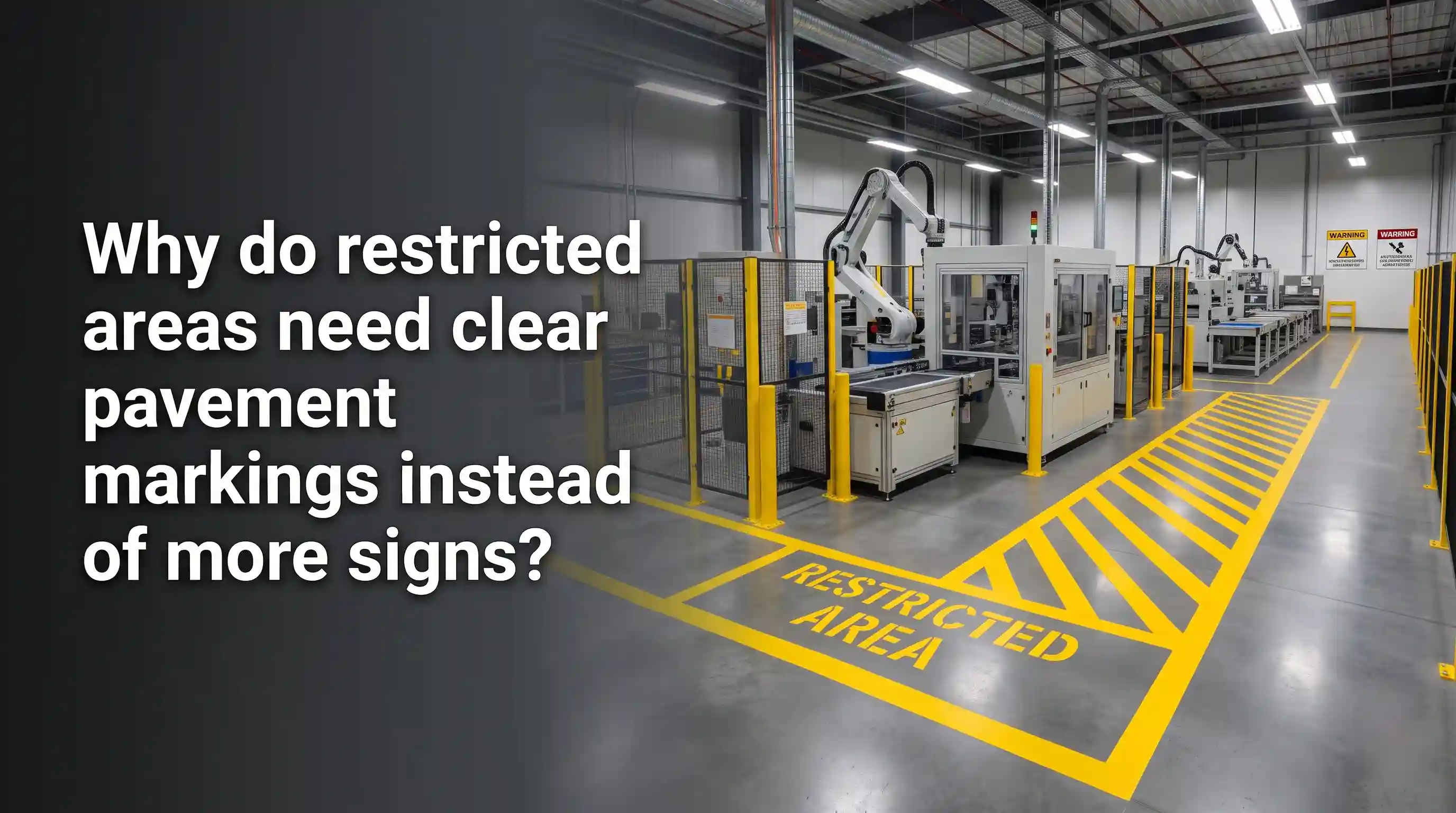 Yellow Restricted Access Area Marking painted around automated machinery with high-visibility safety borders, hazard striping, and designated restricted zones inside a modern industrial facility.