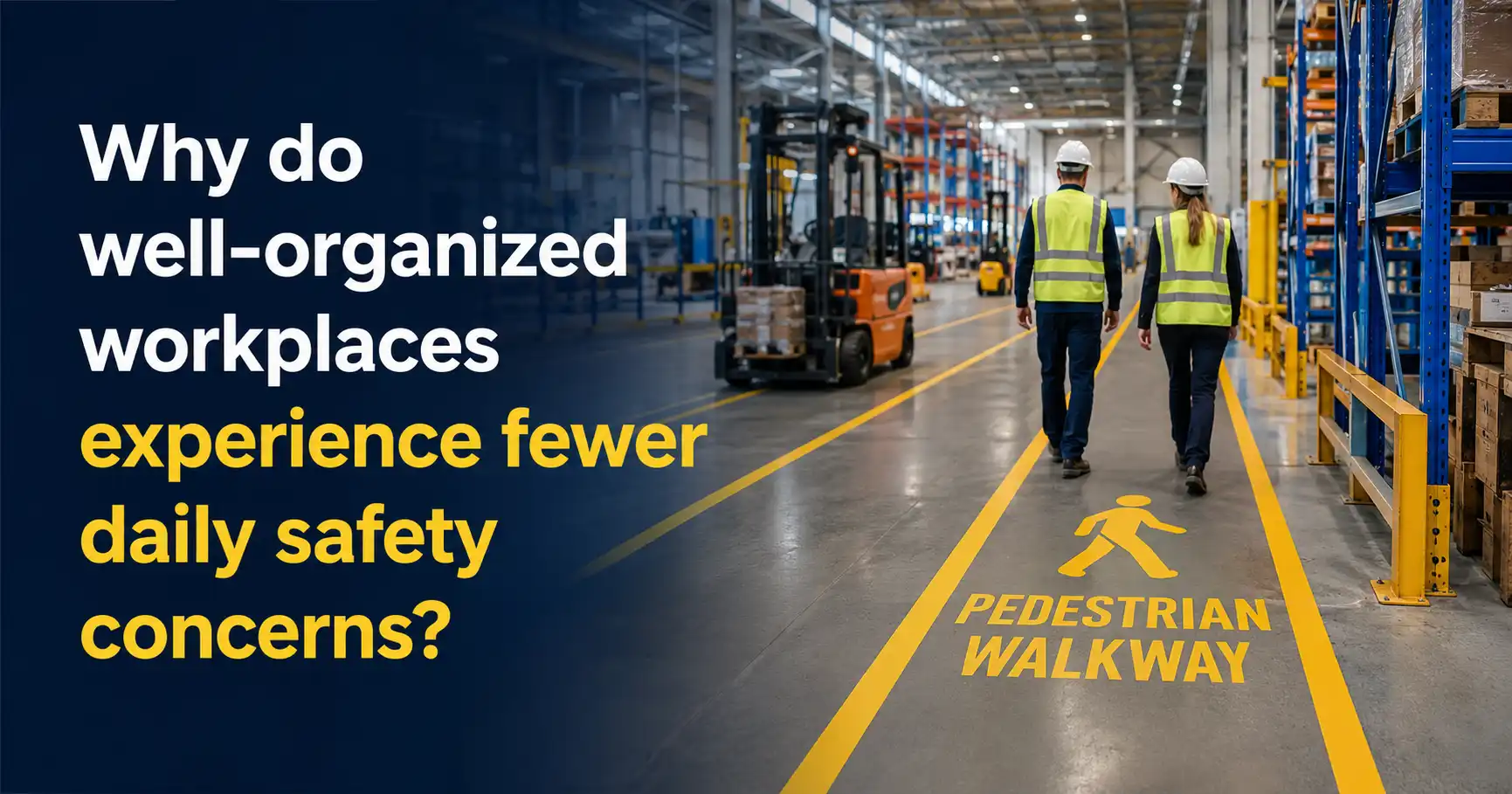 Warehouse employees walking inside a clearly marked pedestrian lane with bright yellow safety floor markings and forklift traffic routes in an industrial facility, demonstrating Safety Floor Marking Oshawa solutions.