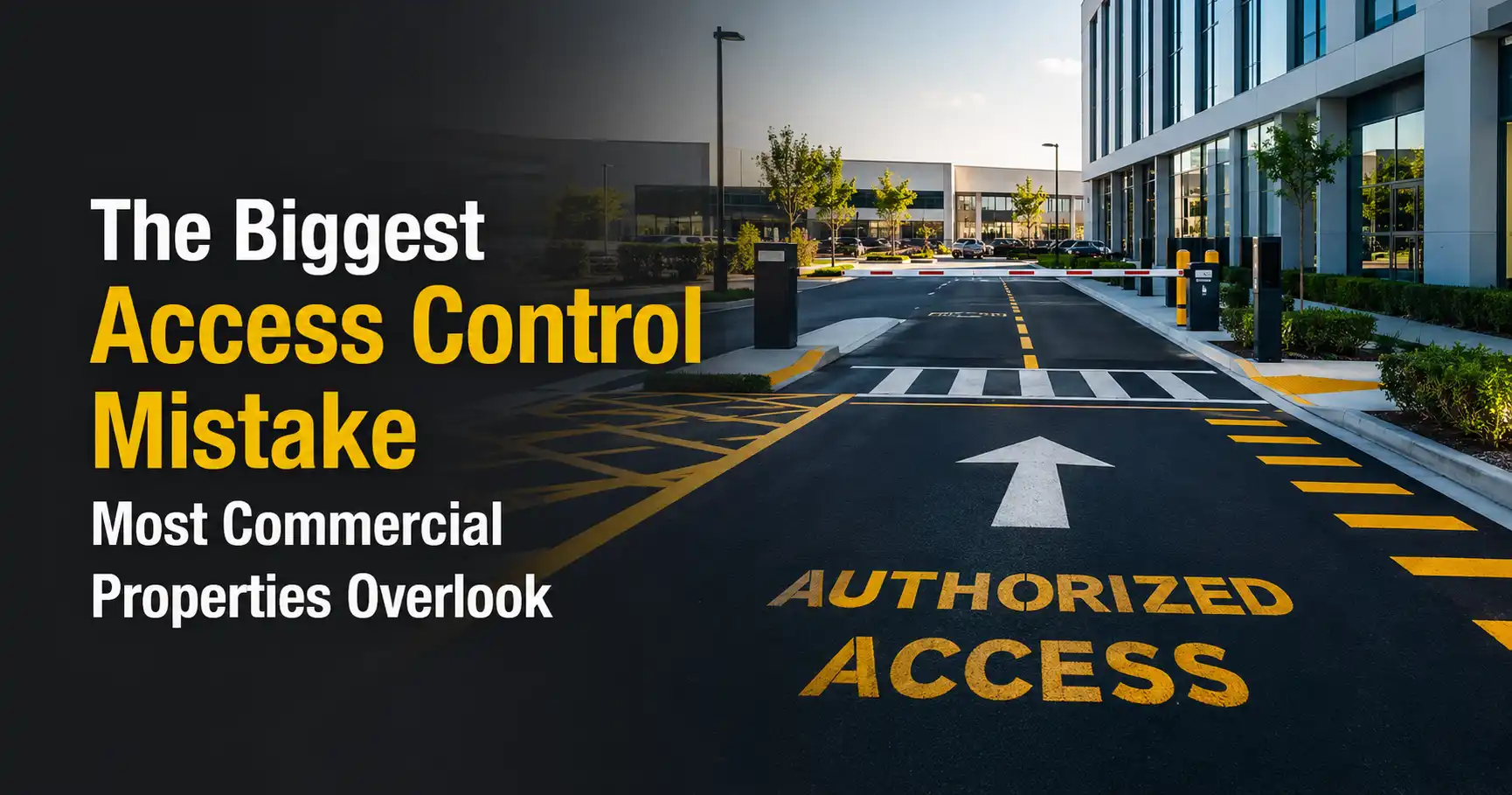Commercial property entrance featuring an automated security gate, authorized access pavement marking, directional arrow, crosswalk, and high-visibility yellow restricted access lines for controlled vehicle entry and pedestrian safety.