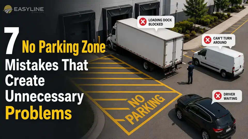 Commercial loading dock with bold yellow No Parking Area Marking, diagonal safety hatch lines, delivery truck access zone, and vehicles illustrating how proper no parking markings prevent blocked loading docks and traffic congestion.