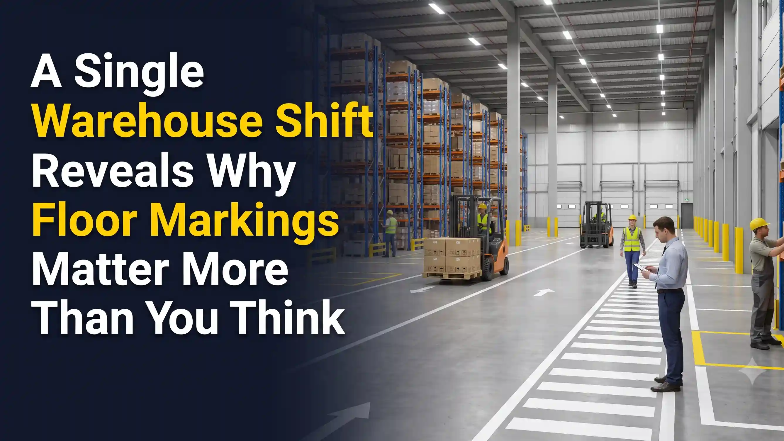 Professional Safety Floor Marking Oshawa with clearly marked pedestrian walkways, forklift lanes, and safety zones in a modern warehouse.