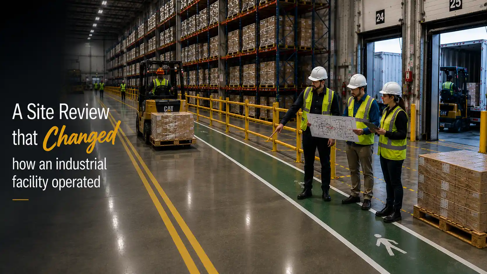 Professionally marked warehouse with forklift lanes, pedestrian walkways, and safety zones showcasing Industrial Line Marking in Caledon for improved operational efficiency and workplace safety.