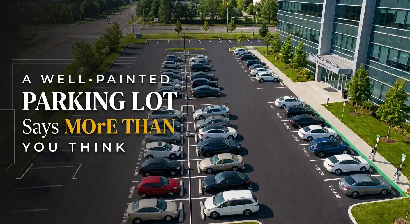 Freshly marked commercial parking lot showcasing the Best Parking Lot Painting in Toronto with clear parking bays, visitor spaces, and durable pavement markings for improved safety and organization.