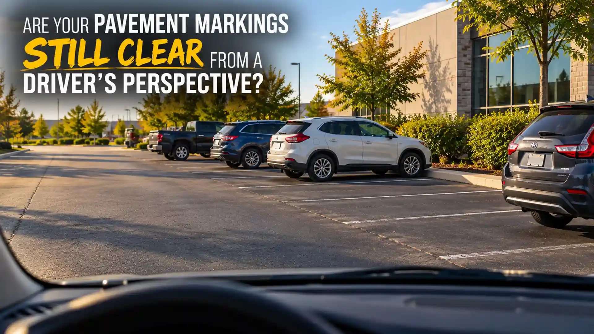 Driver's perspective of a commercial parking lot with parked vehicles, faded white parking space lines and asphalt markings, highlighting Pavement Marking in Richmond Hill.