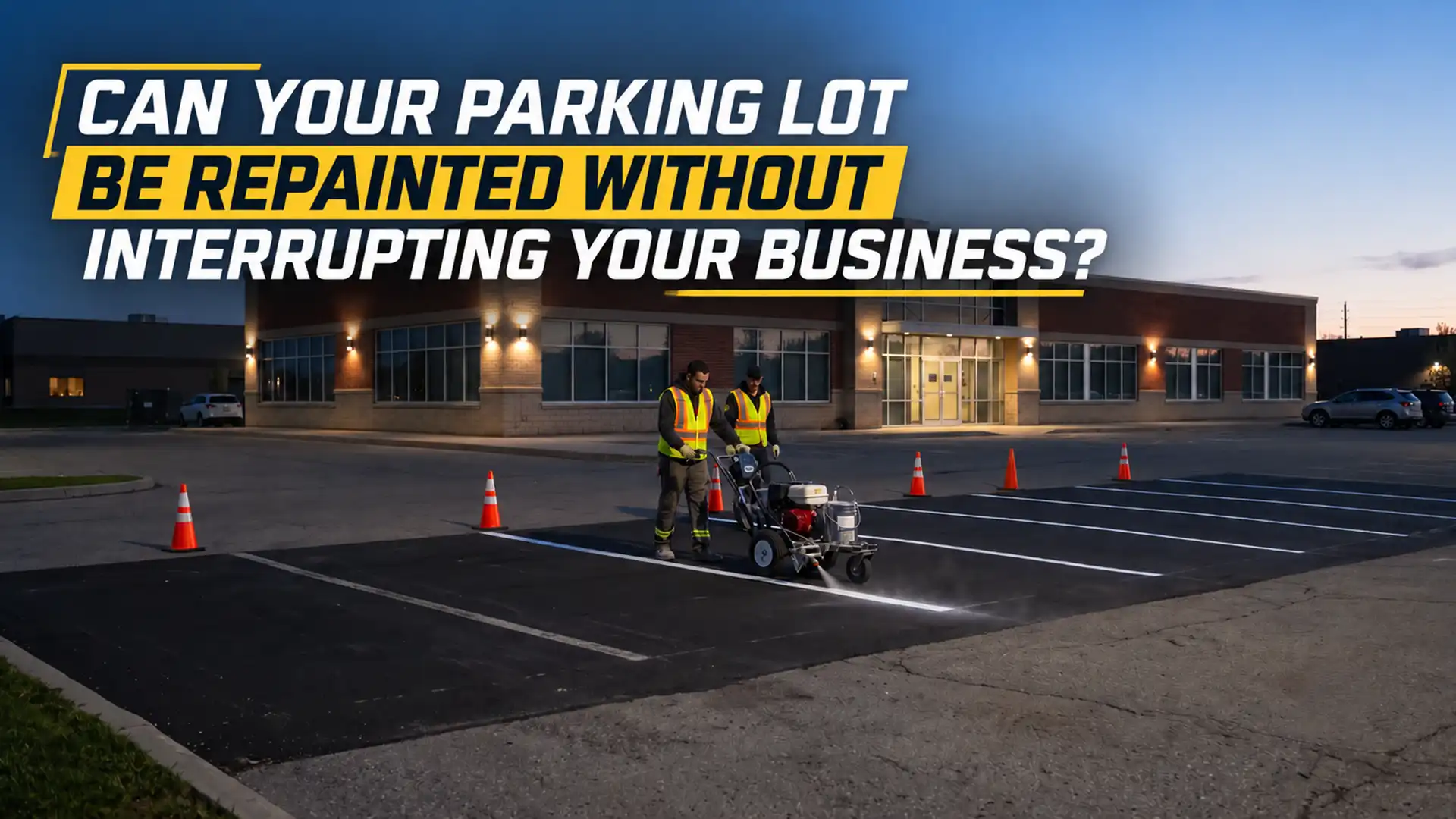 Commercial Parking Lot Striping in Cobourg showing two workers using a line painting machine to repaint white parking stall lines outside a commercial building during evening hours