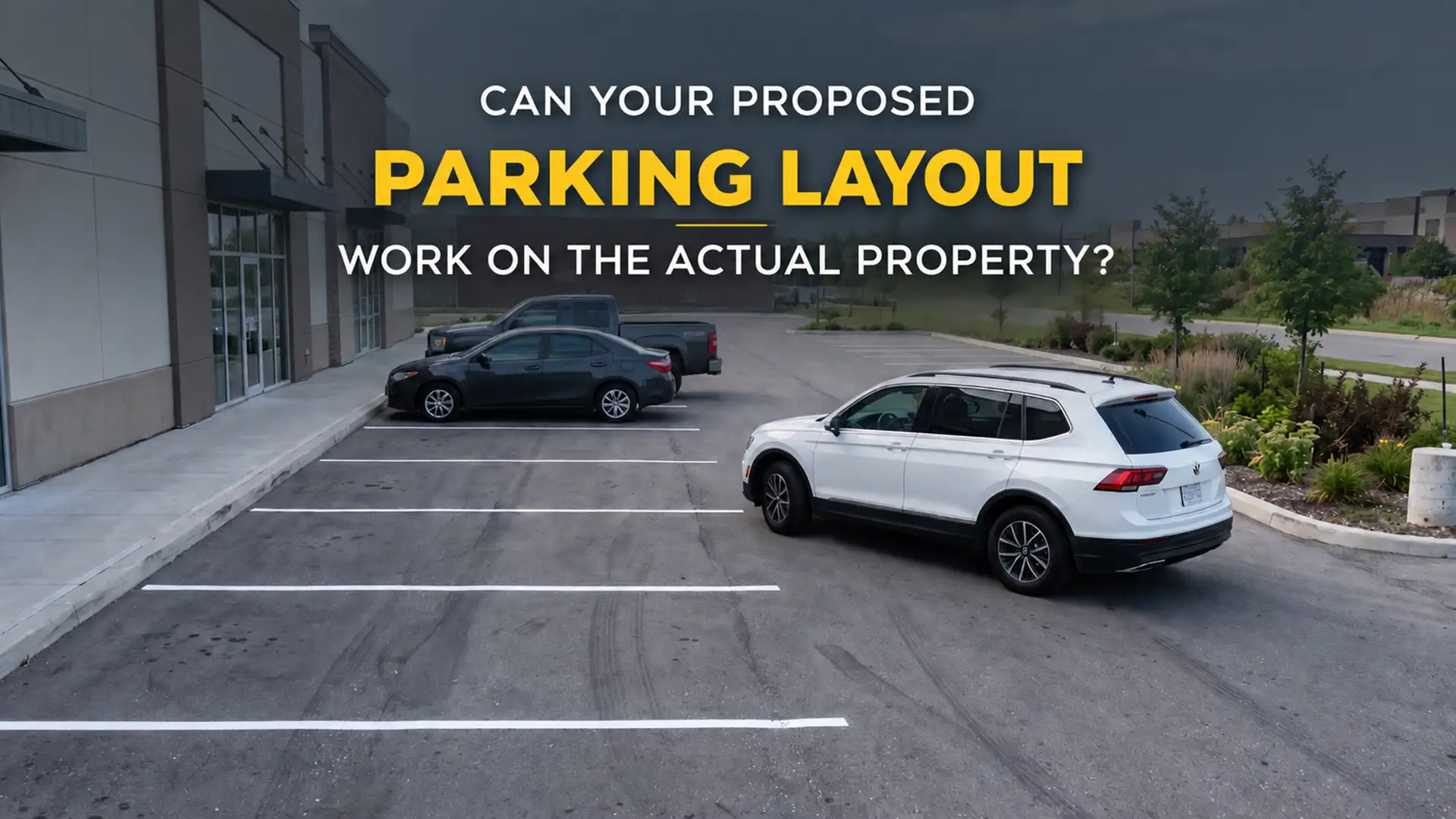 Commercial parking area with marked stalls and vehicles being evaluated by a Parking Lot Striping Company in Brampton to confirm whether the proposed layout fits the property