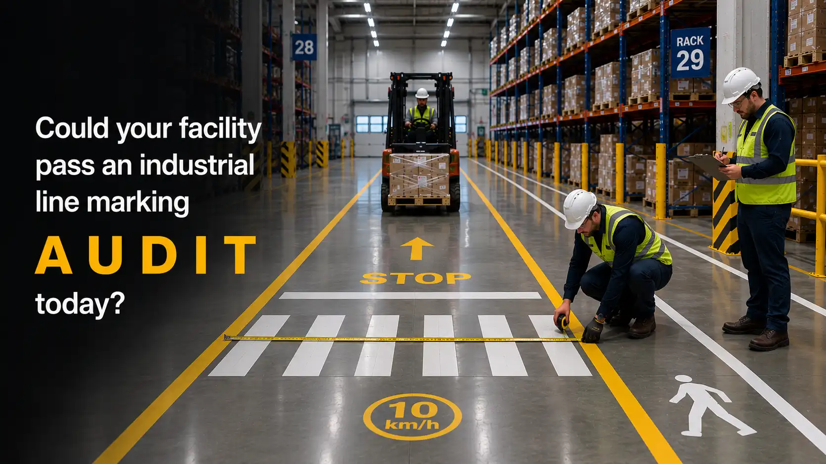 Professional Industrial Line Painting Milton with clearly marked forklift lanes, pedestrian crossings, speed limits, and safety zones in a warehouse.