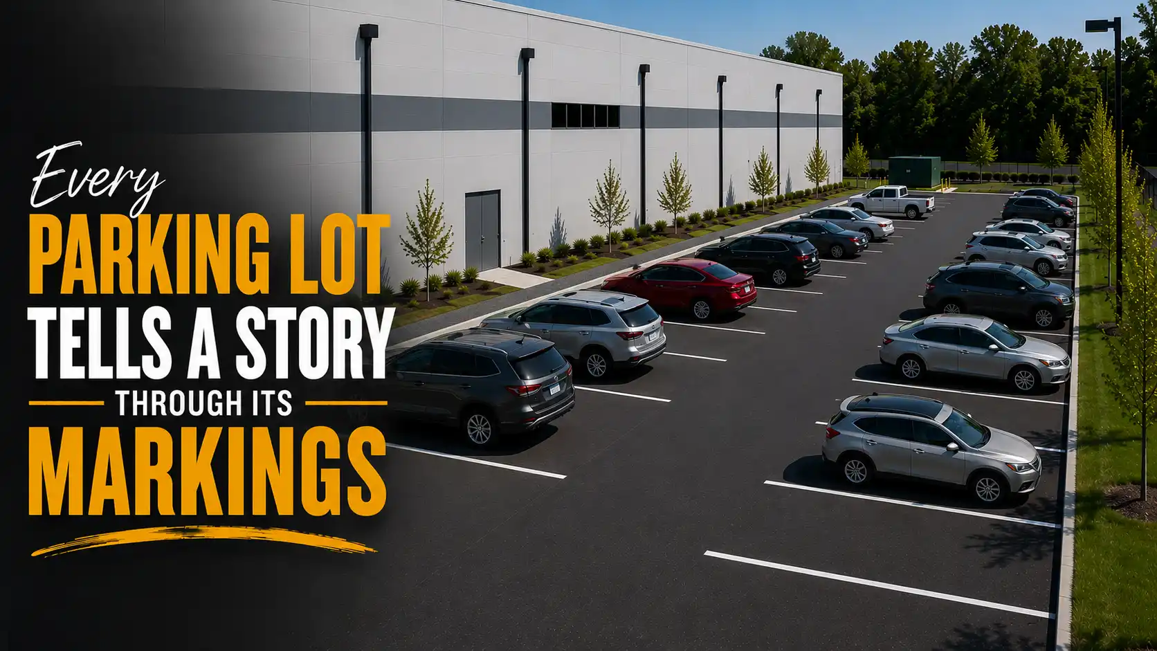 Professional line painting parking lot with clearly marked parking spaces, driving lanes, and durable pavement markings for a clean, organized commercial property.