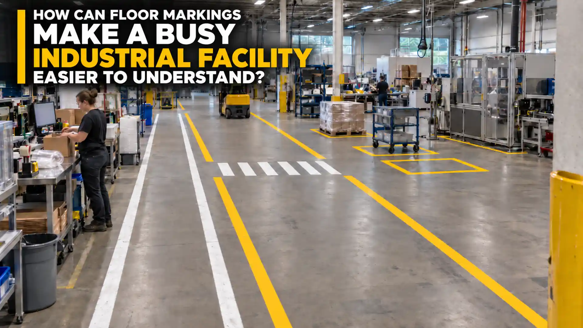 Busy manufacturing floor with industrial line marking in Caledon showing forklift lanes, pedestrian paths, crossings and designated work zones