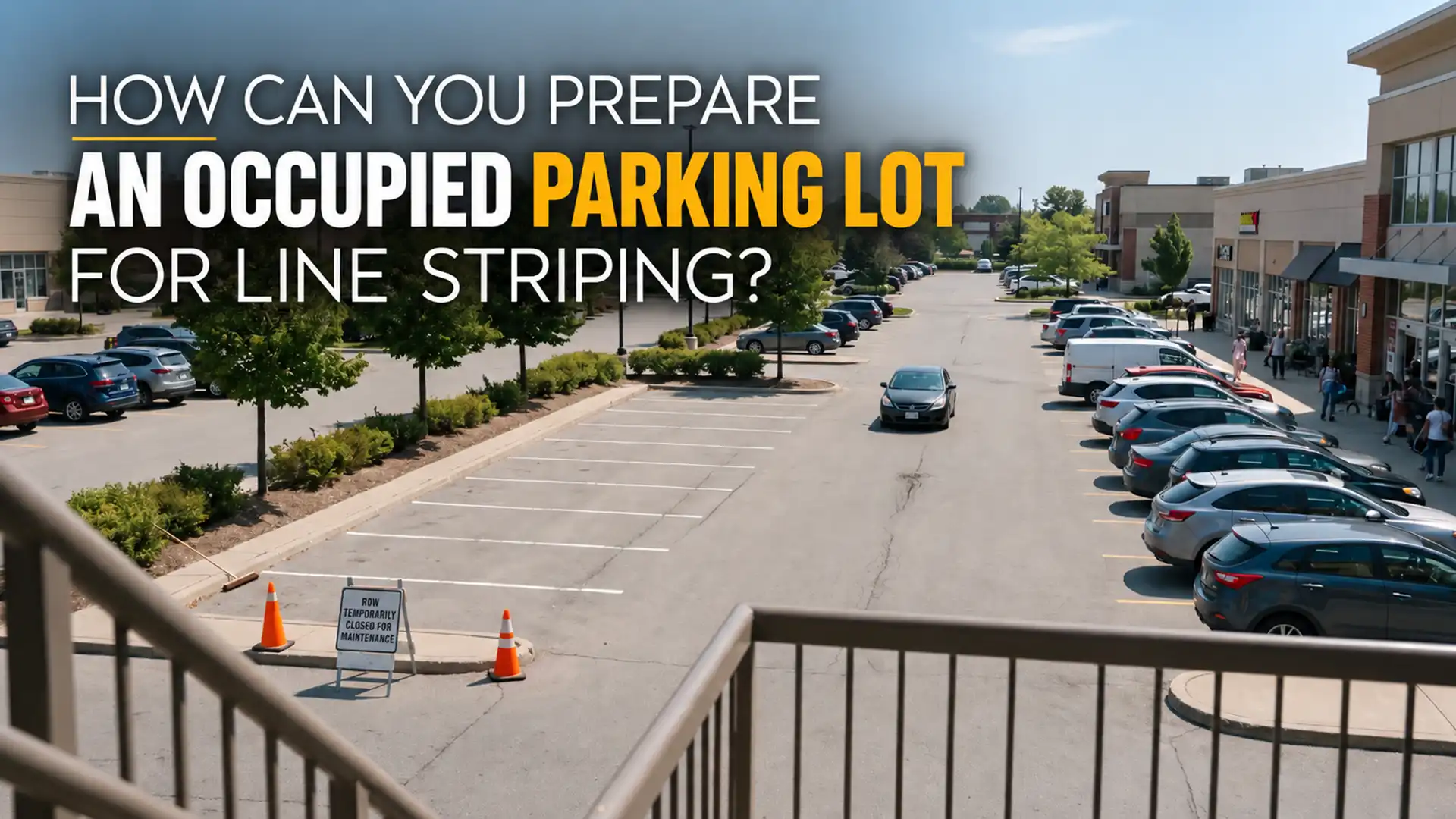 Occupied commercial parking lot with parked vehicles, traffic cones and a temporarily closed parking row prepared for Parking Lot Line Striping in Ajax.