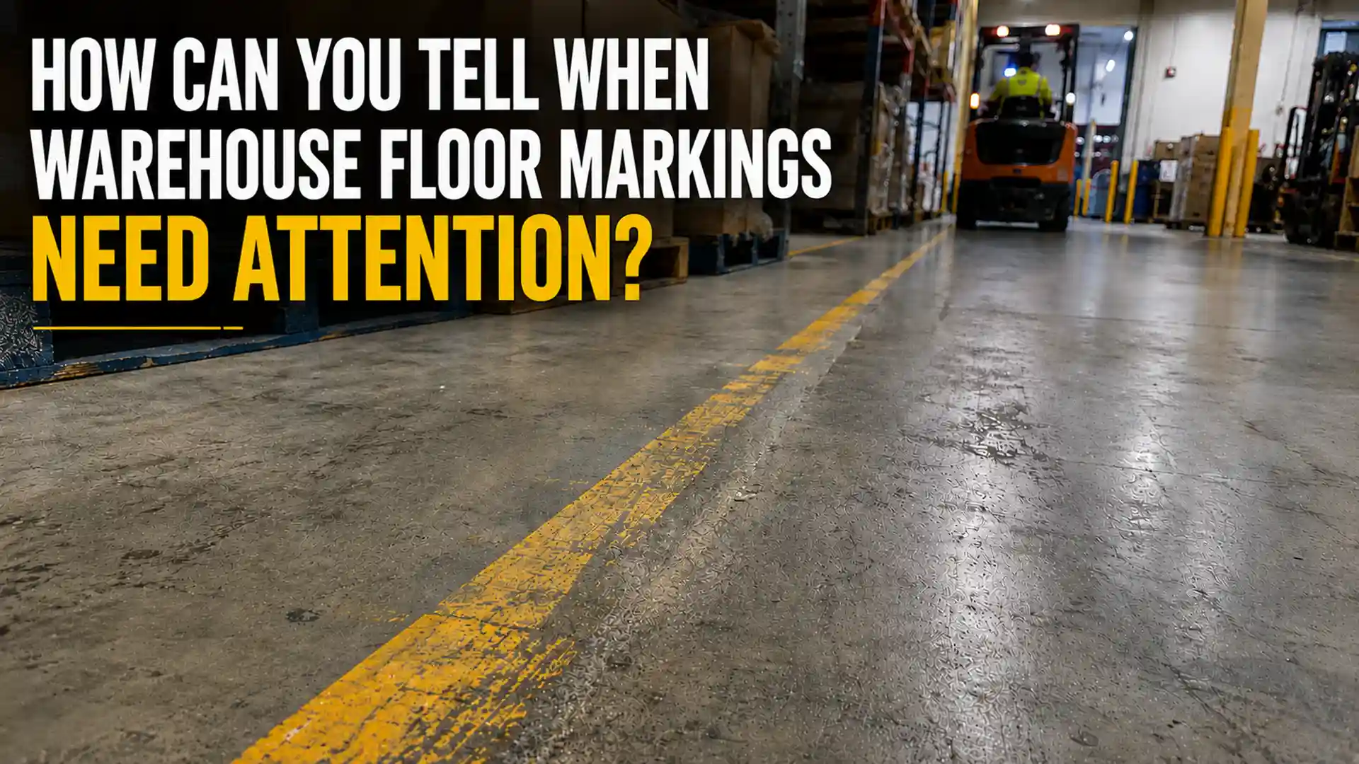 Faded Warehouse Safety Line Painting in Markham showing worn yellow floor markings along a busy forklift route