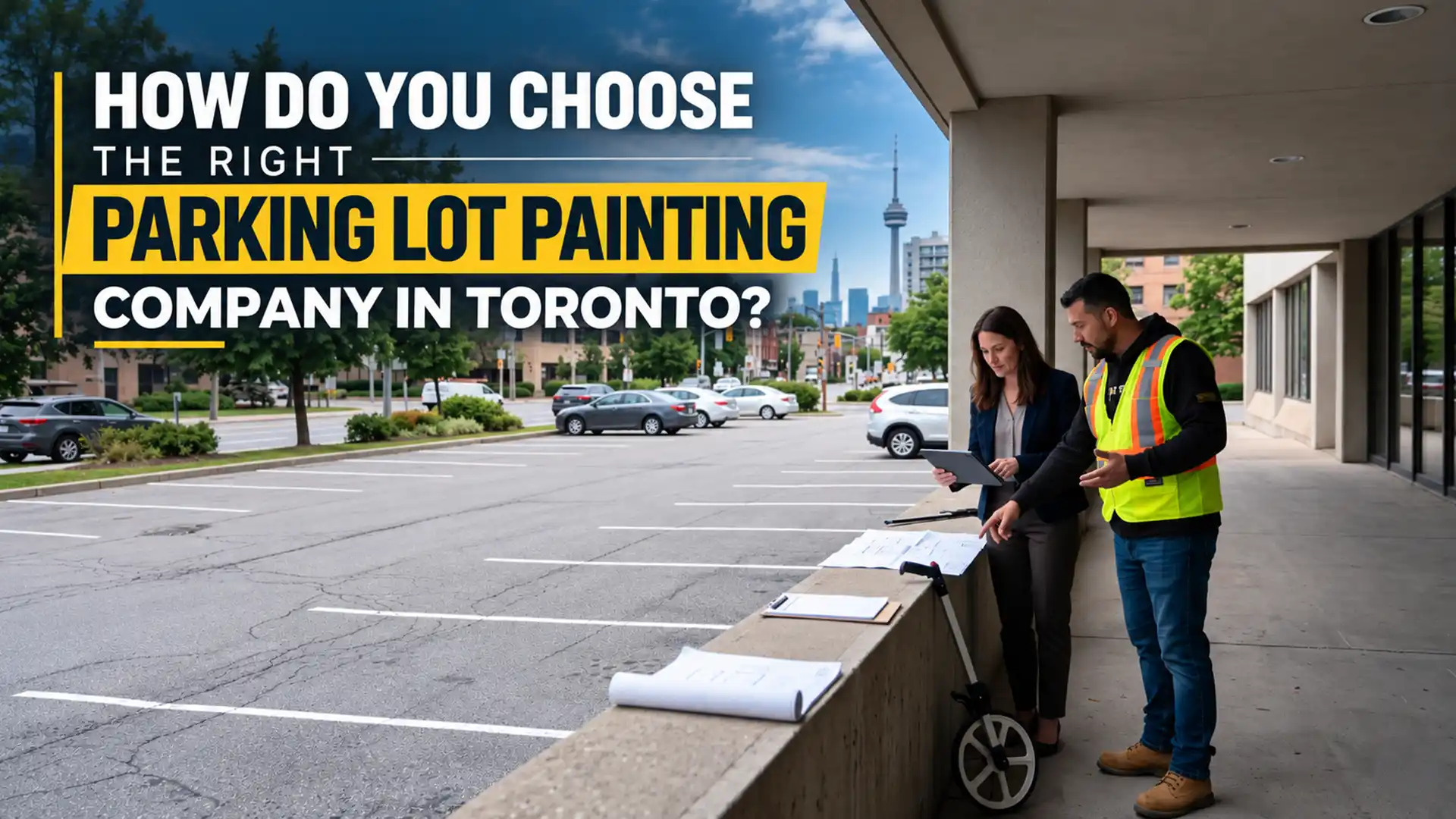 Best Parking Lot Painting in Toronto comparison showing a property manager and line painting contractor reviewing parking lot plans beside faded white parking lines and cracked asphalt outside a commercial building