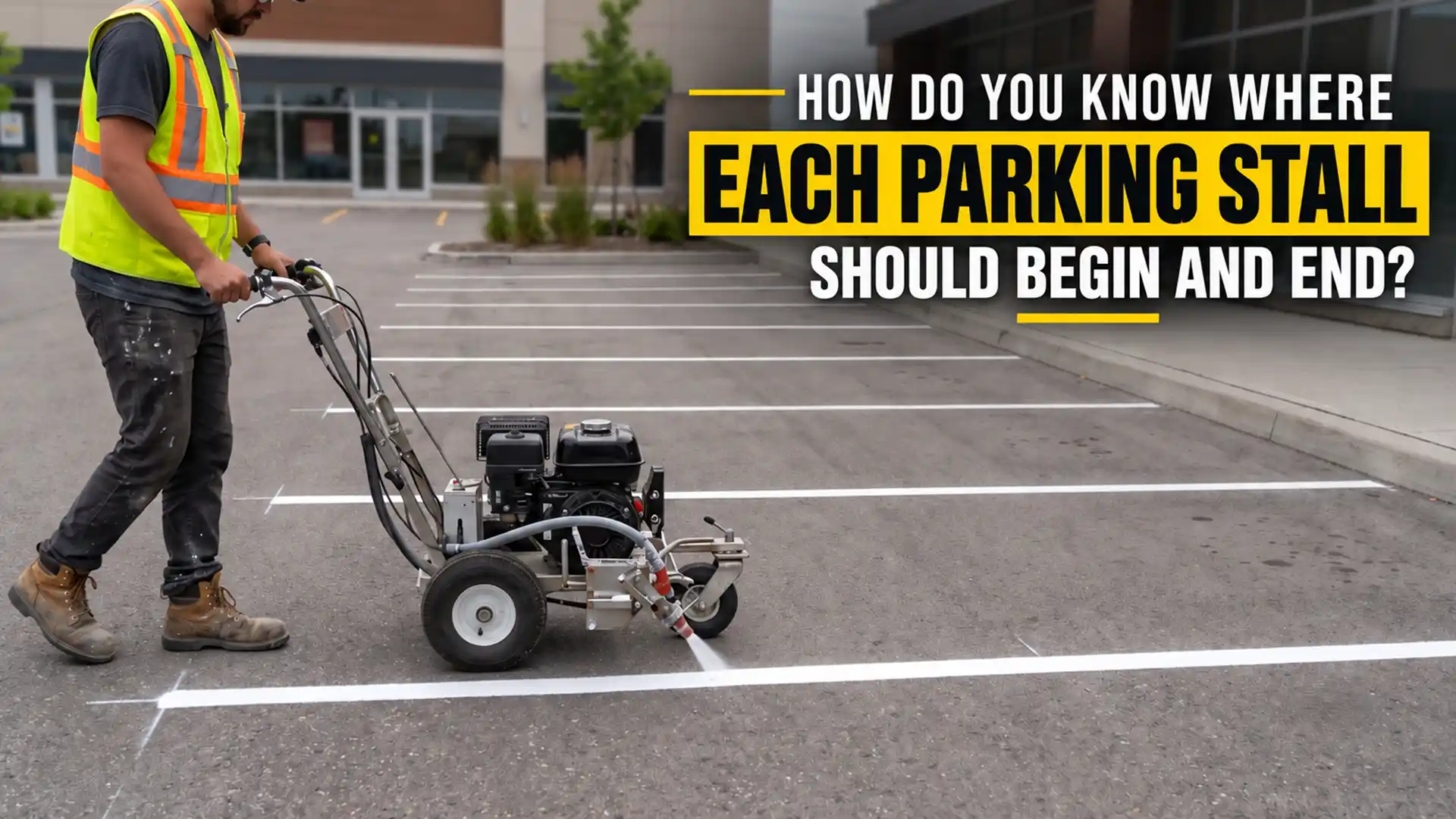 Worker applying Parking Stall Painting in Whitby with a line marking machine to create clearly measured parking stall boundaries