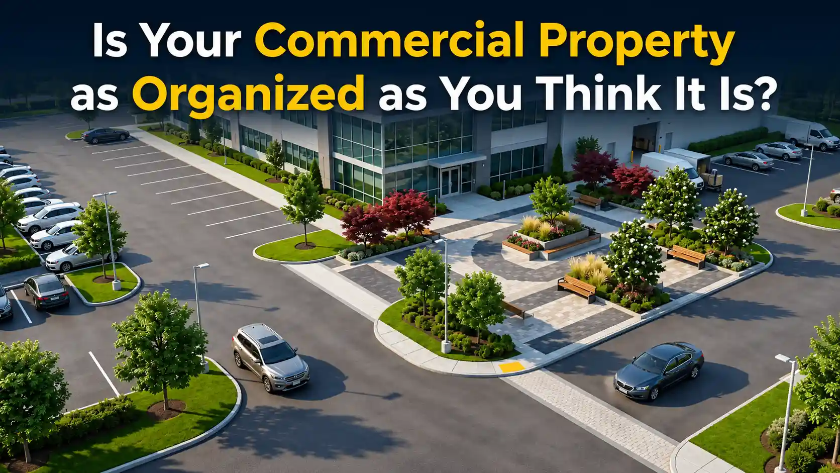 Professional Commercial Property Marking with clearly defined parking bays, traffic lanes, pedestrian walkways, and landscaped commercial premises.