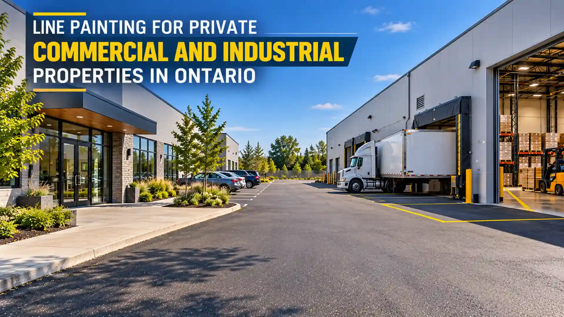 Line Painting at a private Ontario commercial and industrial property featuring marked parking spaces, loading dock lines, warehouse floor markings and clear vehicle access routes.