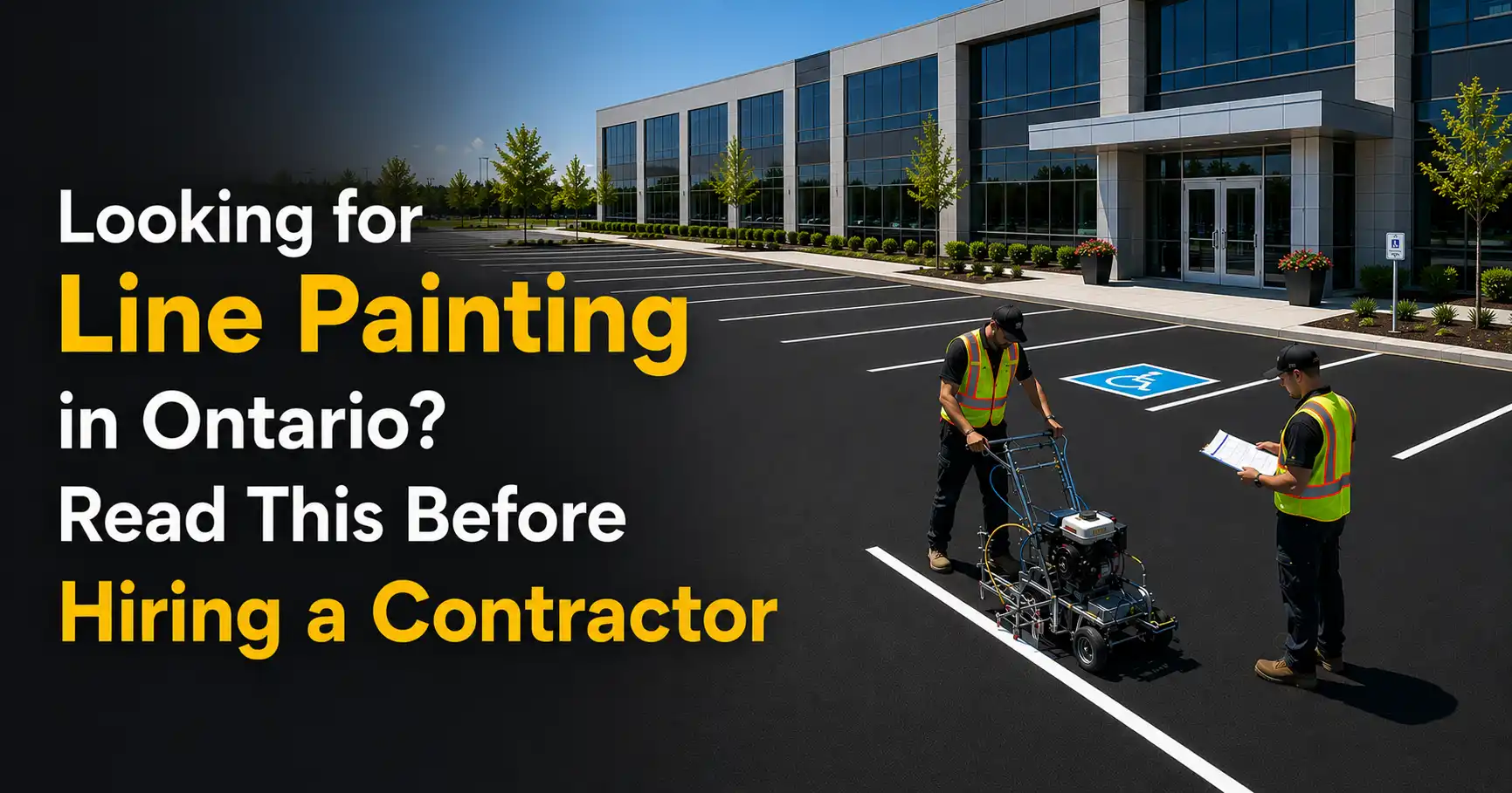 Professional crew performing Line Painting Ontario services in a commercial parking lot with fresh parking stall markings.