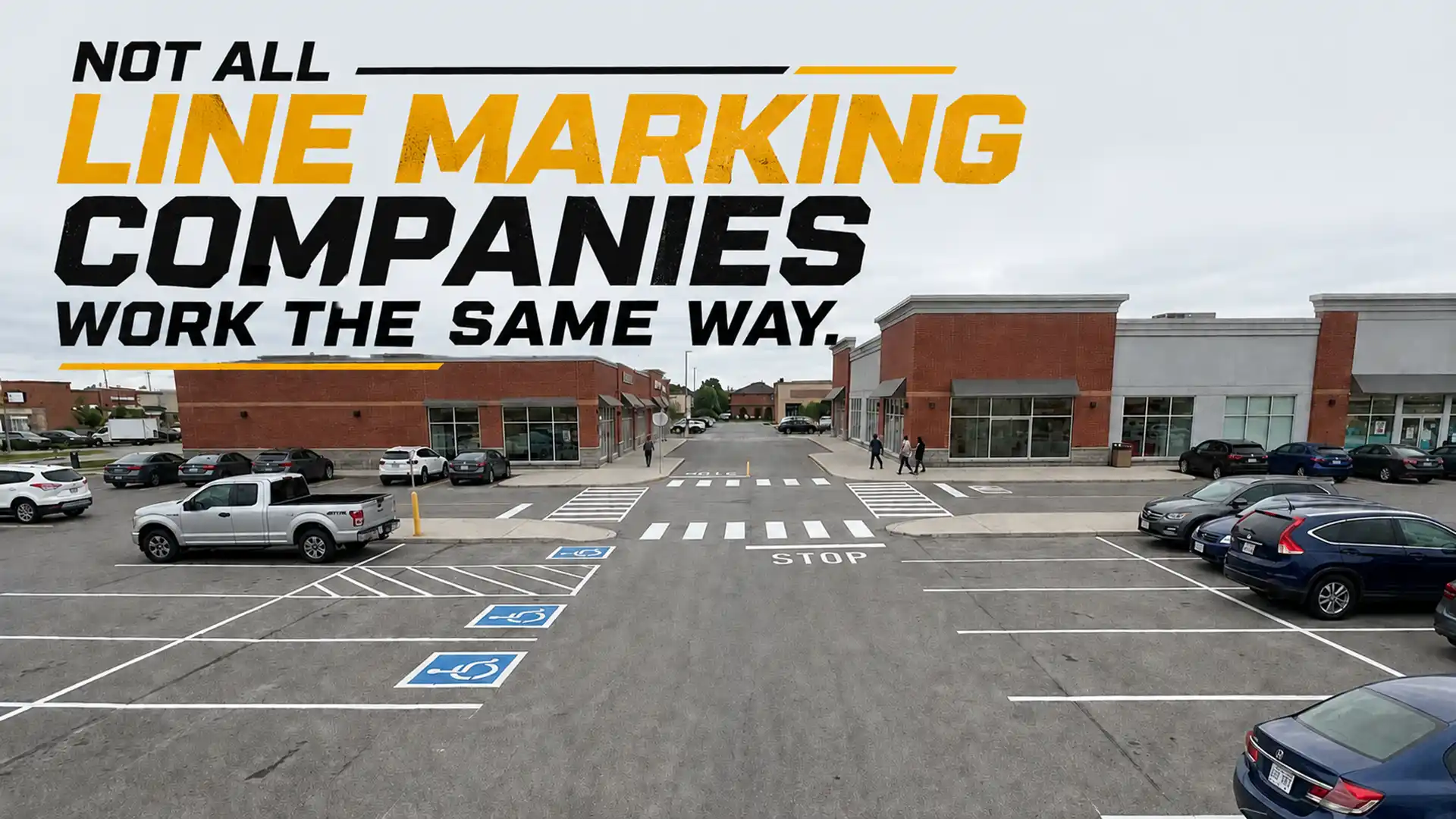 Professional Pavement Markings Ontario featuring clearly painted parking stalls, pedestrian crosswalks, accessible spaces, and traffic control markings in a commercial plaza.
