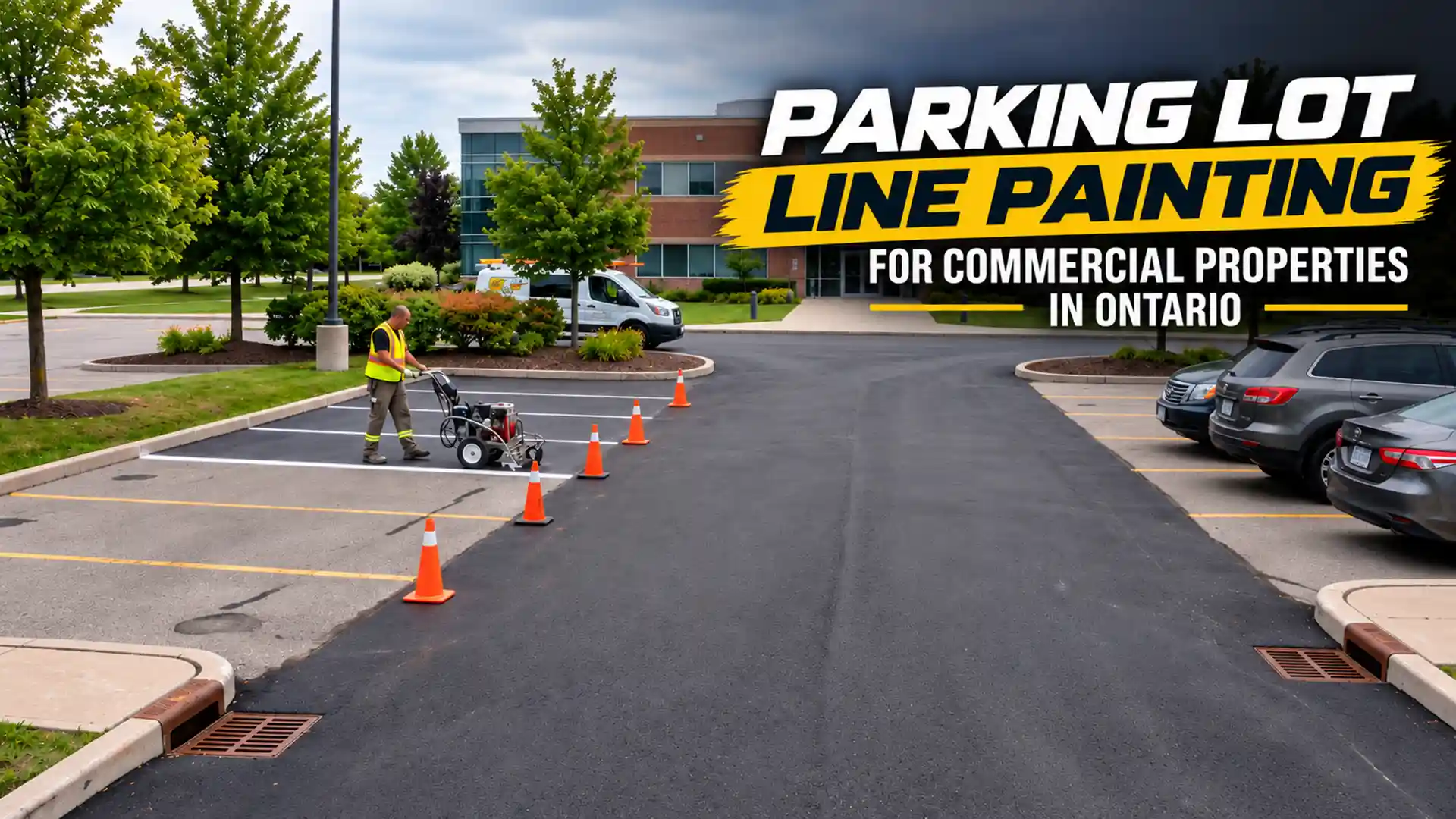Professional worker using a line striping machine for Parking Lot Line Painting at a commercial property in Ontario, with traffic cones, marked parking spaces and parked vehicles.