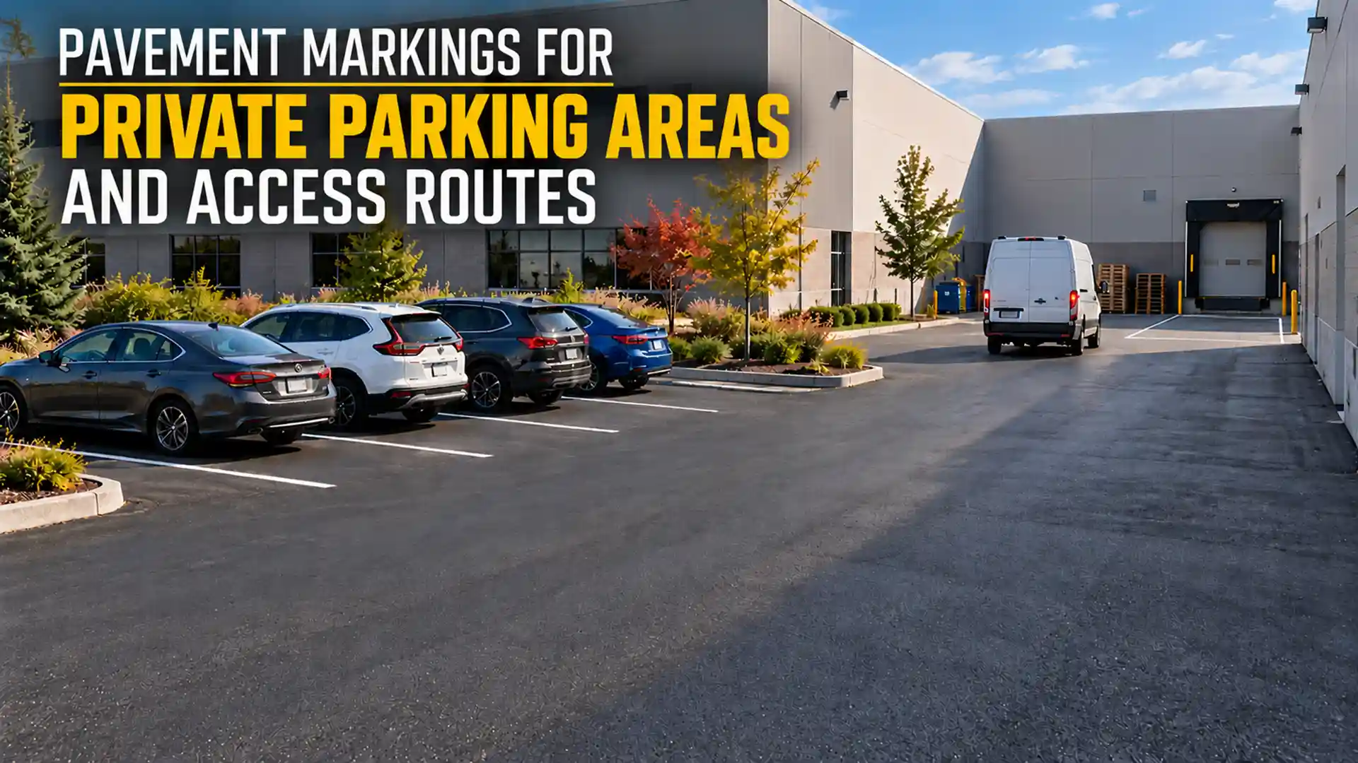 Pavement Markings at a private commercial and industrial property in Ontario, featuring white parking space lines, parked vehicles, a delivery van and a warehouse loading dock.