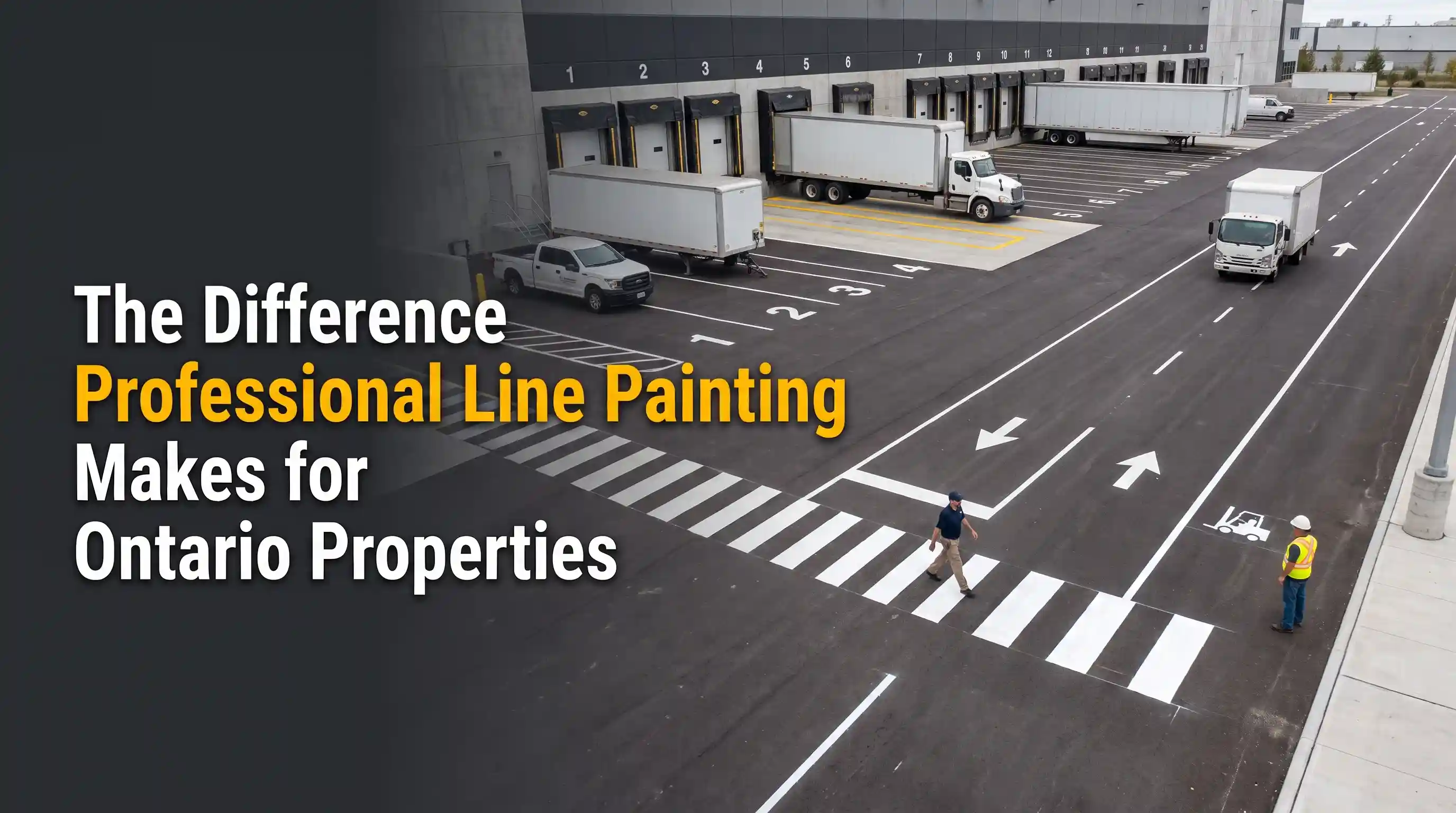 Professional Line Painting Ontario showcasing clearly marked loading docks, pedestrian crosswalks, traffic lanes, and warehouse safety markings at a commercial facility.
