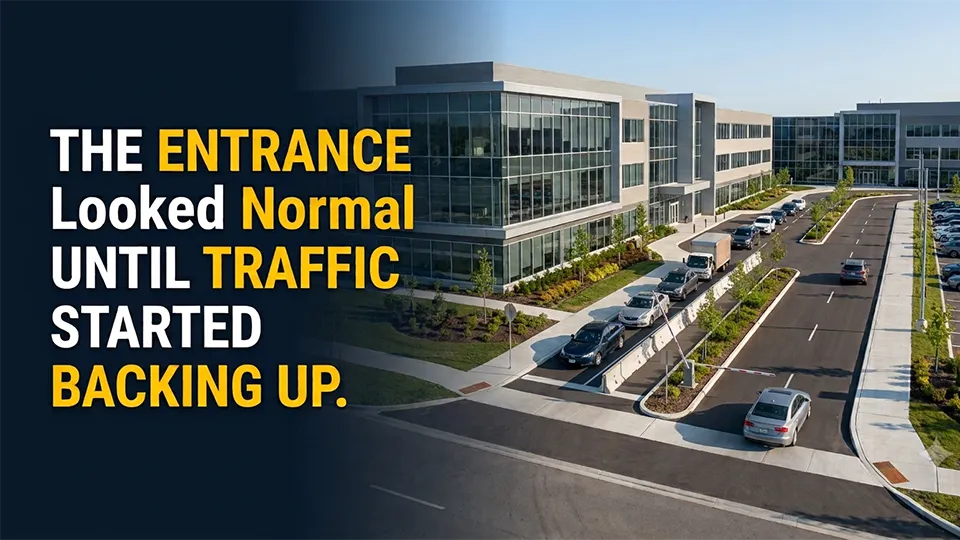 Well-marked parking lot entrance and exit lanes at a modern commercial building designed to improve traffic flow and reduce vehicle congestion.