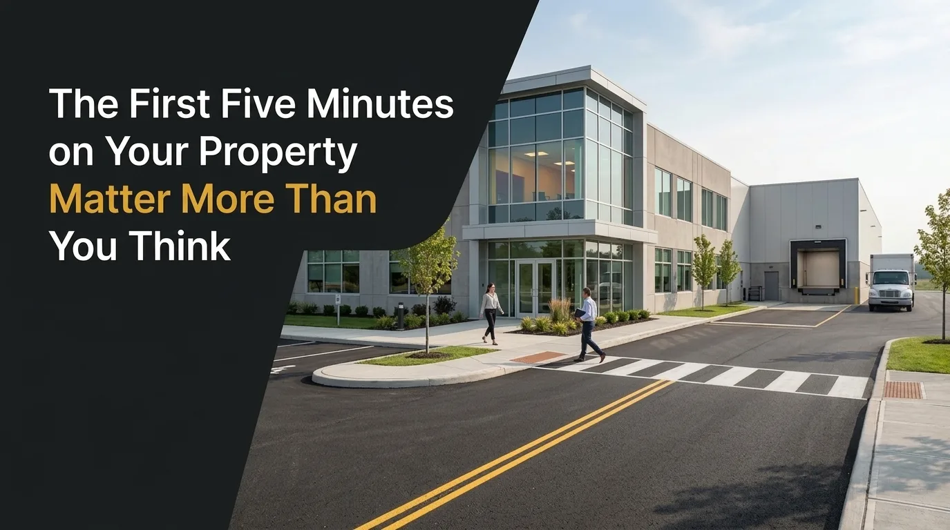 Modern commercial property with fresh crosswalks, traffic lanes, and pedestrian markings showcasing Pavement Line Painting in Colborne for improved safety, organization, and traffic flow.