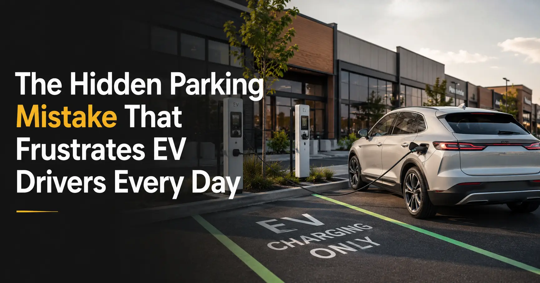 Electric vehicle charging at a designated parking space with green boundary lines, EV CHARGING ONLY pavement marking, charging stations, and clear parking guidance outside a modern commercial retail center, highlighting professional EV Charging Parking Sp