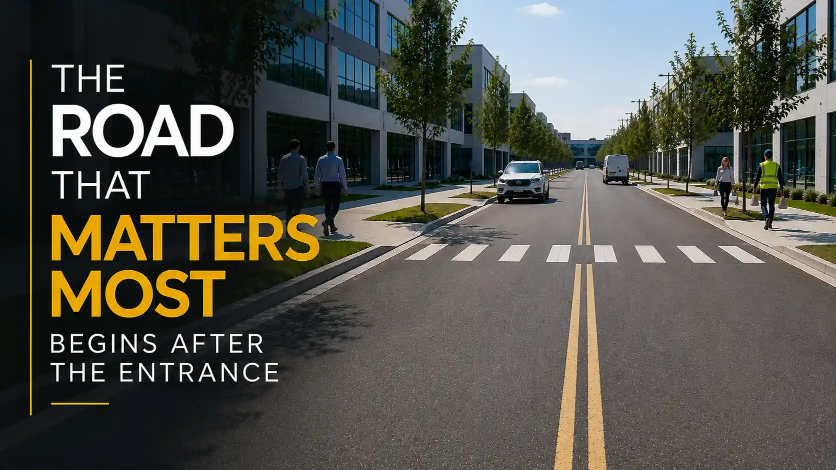 Clear road markings with centerlines, pedestrian crosswalks, and organized traffic lanes in a commercial business park, improving vehicle guidance and pedestrian safety.