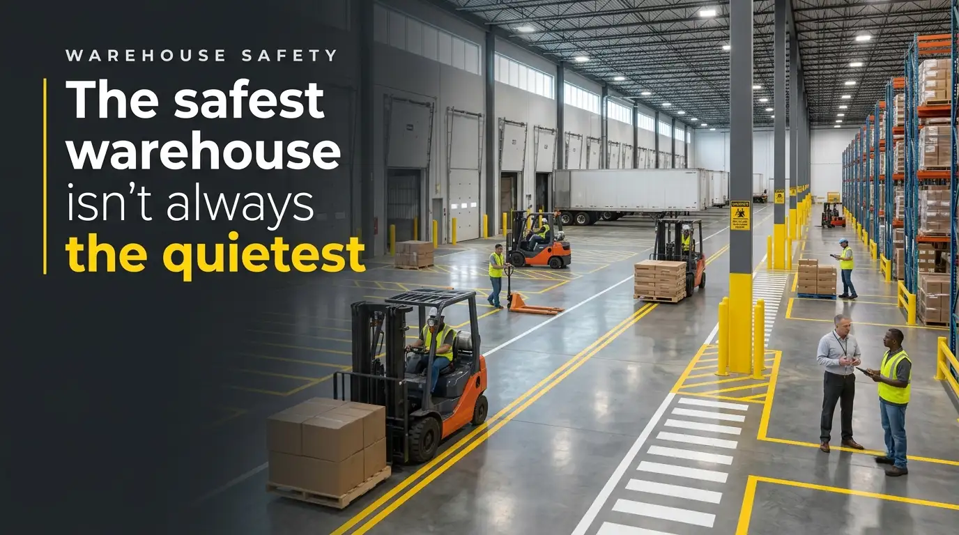 Modern warehouse with clearly marked pedestrian walkways, forklift lanes, and loading zones demonstrating professional Warehouse Safety Markings in Aurora.