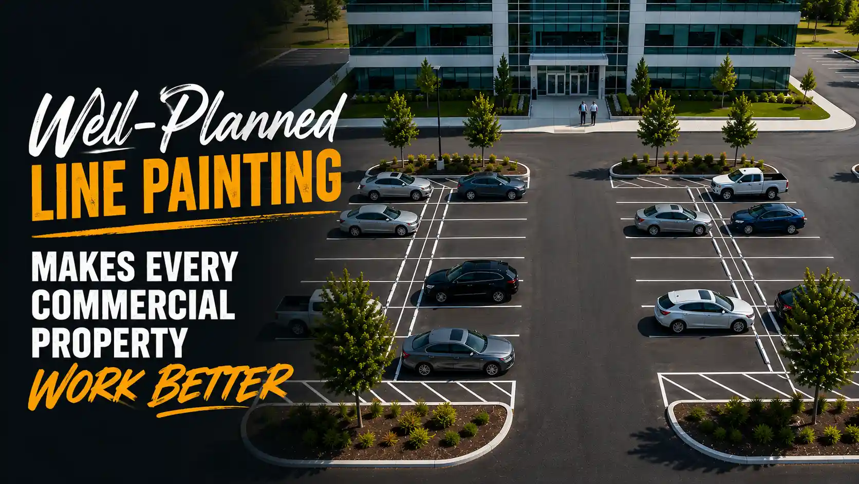 Professional Commercial Line Painting in Vaughan featuring clearly marked parking spaces, traffic lanes, and organized pavement markings for a modern commercial property.