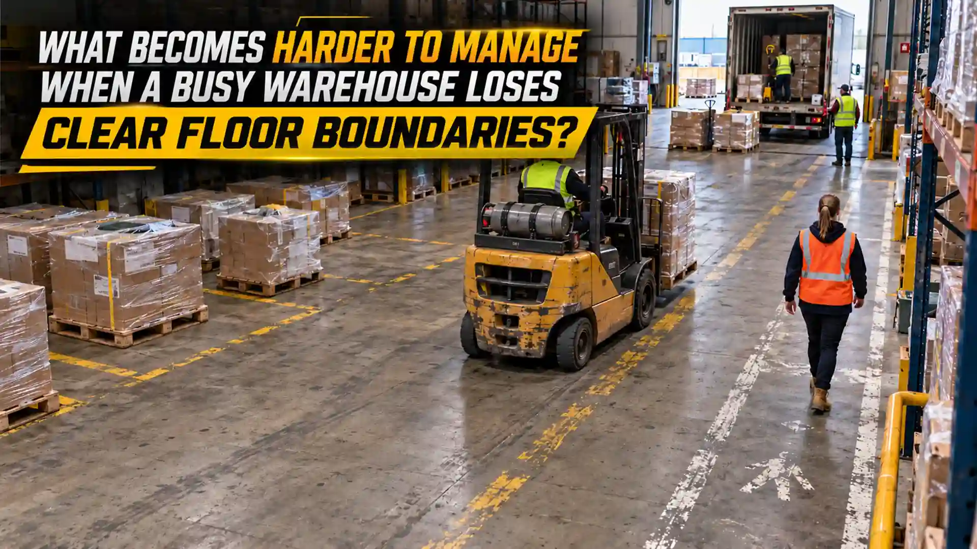 Warehouse Safety Line Painting in Markham showing faded floor boundaries around forklift lanes, pedestrian paths, pallet zones, and loading areas inside a busy warehouse