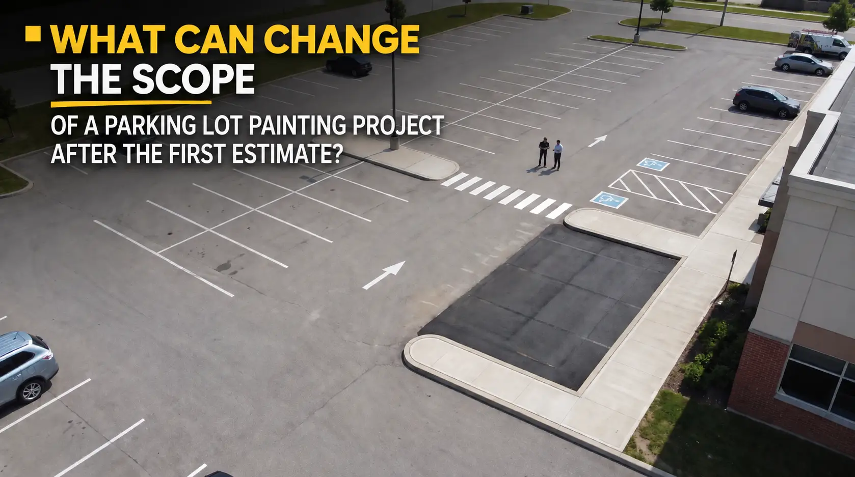Parking Lot Painting Contractors in Brighton reviewing a commercial parking area with parking stalls, accessible spaces, arrows, and pedestrian markings before finalizing the project scope