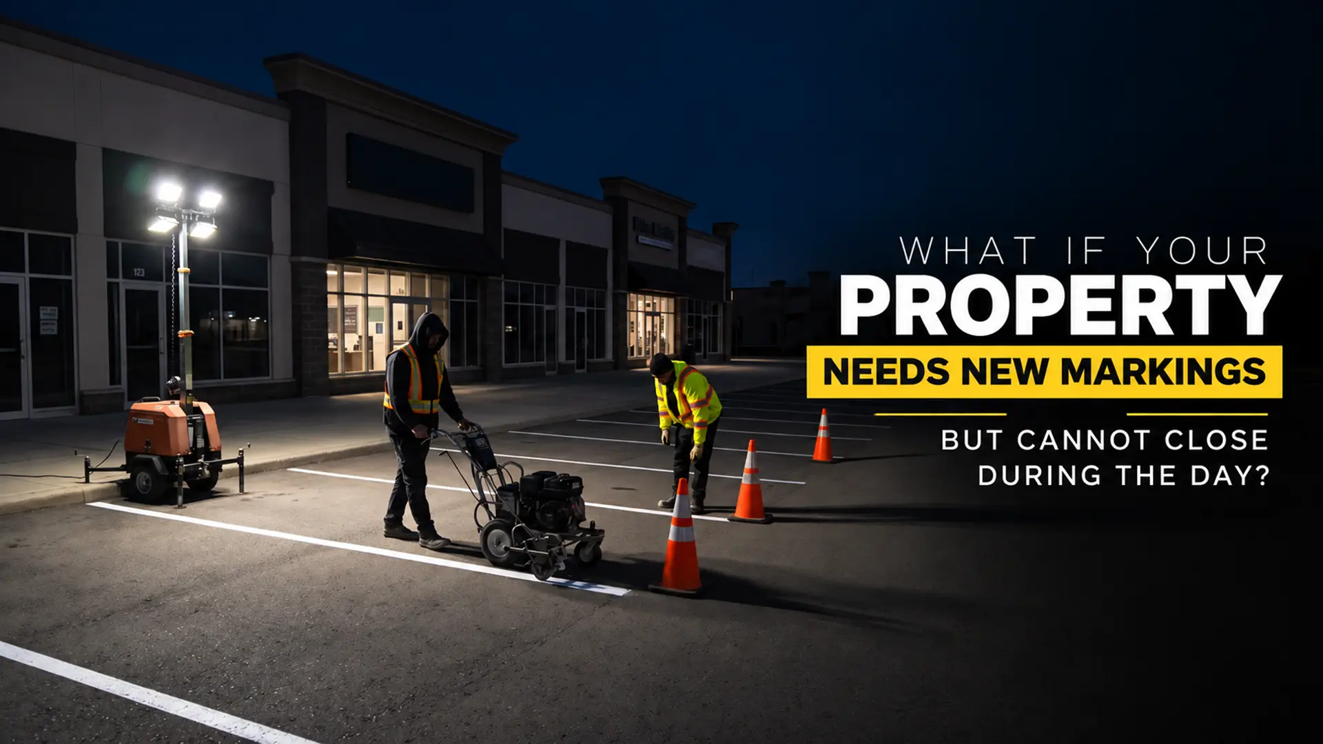 Commercial Pavement Marking in Pickering showing workers repainting white parking stall lines at night using a line painting machine, traffic cones, and portable lighting outside a commercial property