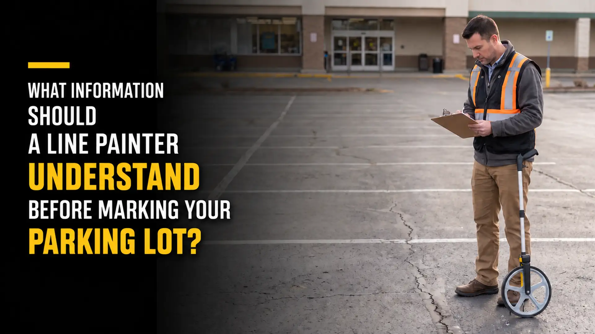 Parking Lot Line Painter measuring and reviewing an existing commercial parking lot before planning new pavement markings