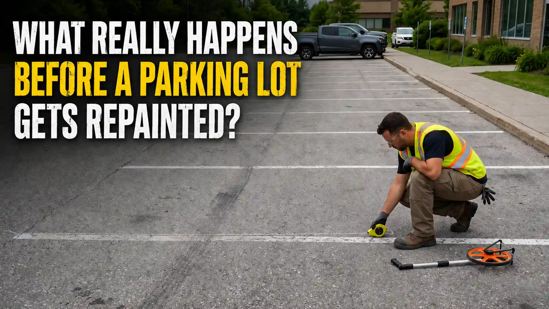 Contractor measuring parking spaces before repainting with Parking Lot Painting Contractors in Brighton