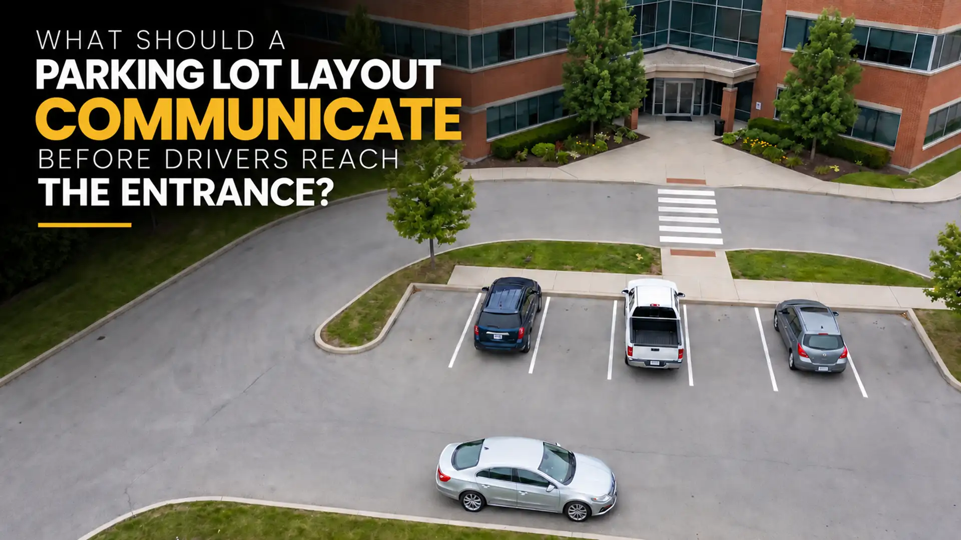 Aerial view of Commercial Parking Lot Striping in Cobourg showing defined parking spaces and a pedestrian crossing near a building entrance