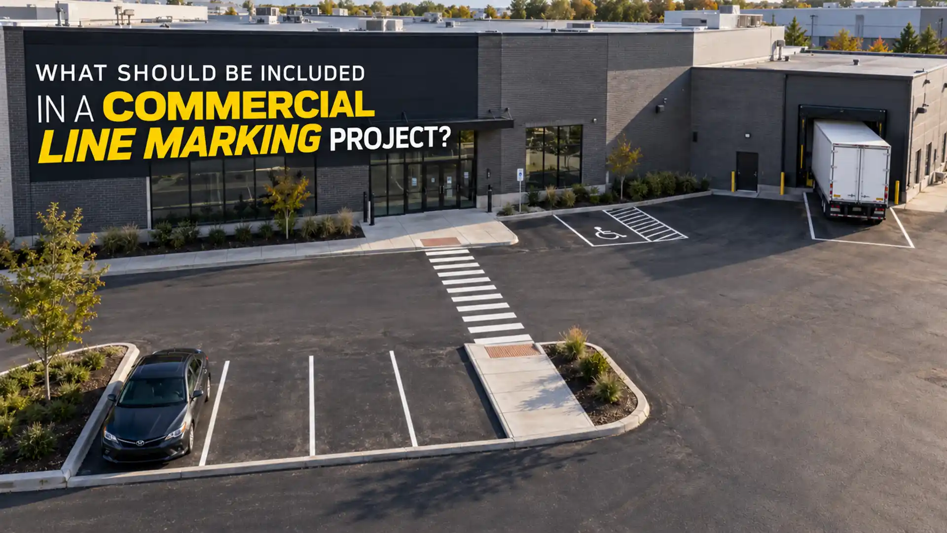 Commercial parking lot with white parking space lines, pedestrian crosswalk, accessible parking markings and loading dock areas, illustrating Line Marking Services in Mississauga.