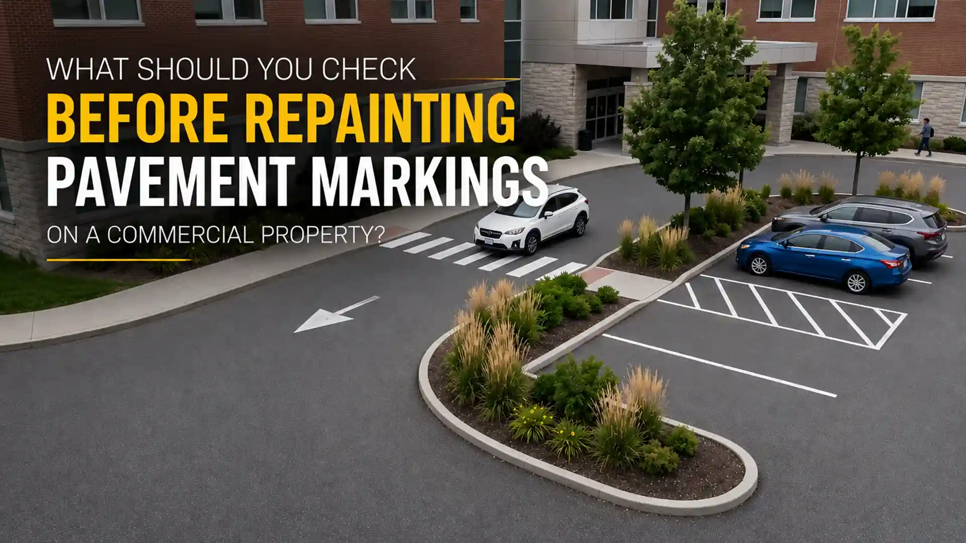 Commercial Pavement Marking in Pickering showing parking lines, pedestrian crossing and directional arrows at a commercial property