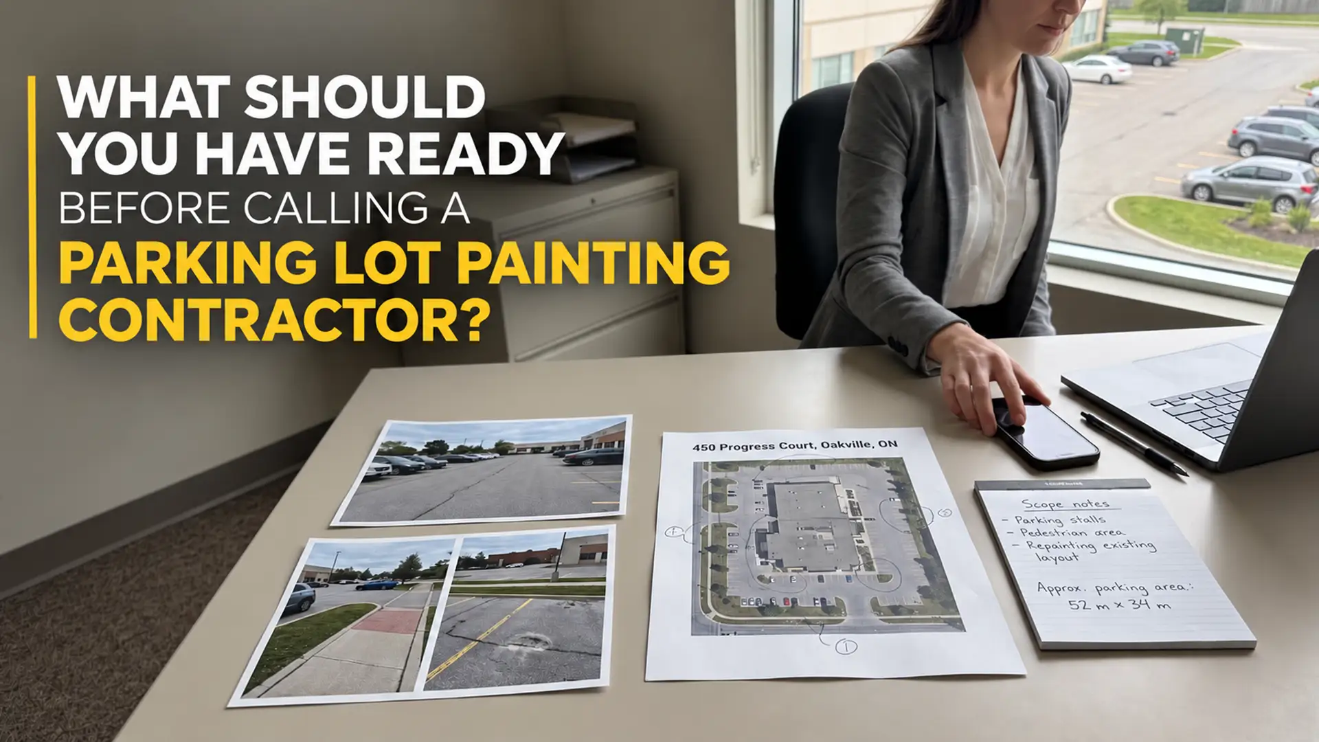 Parking Lot Painting Contractors in Brighton reviewing property photos, site layout, parking areas and repainting scope before work begins