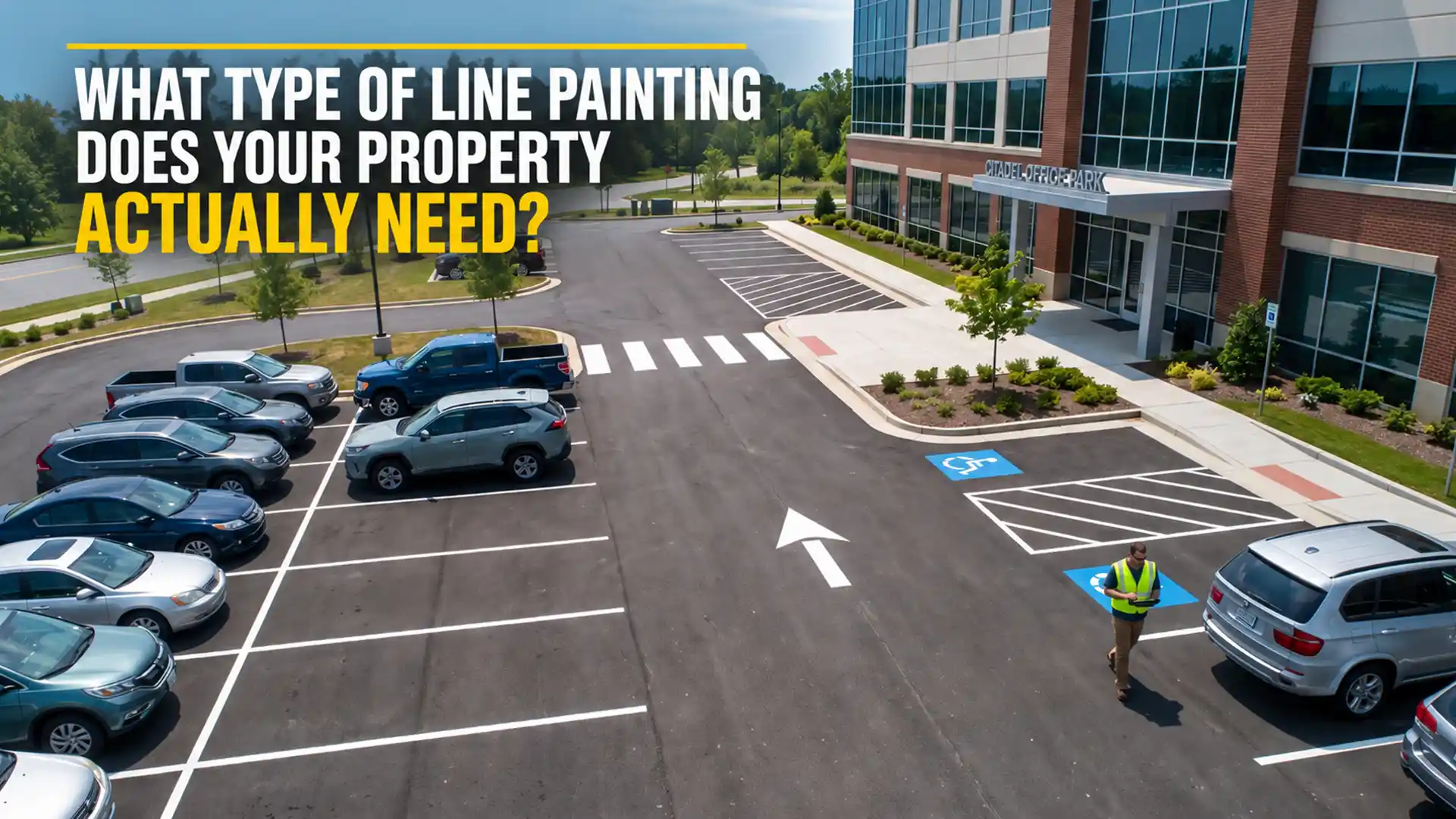 Aerial view of a commercial parking lot with Line Painting showing parking stalls, directional arrows, accessible spaces, and pedestrian crossings