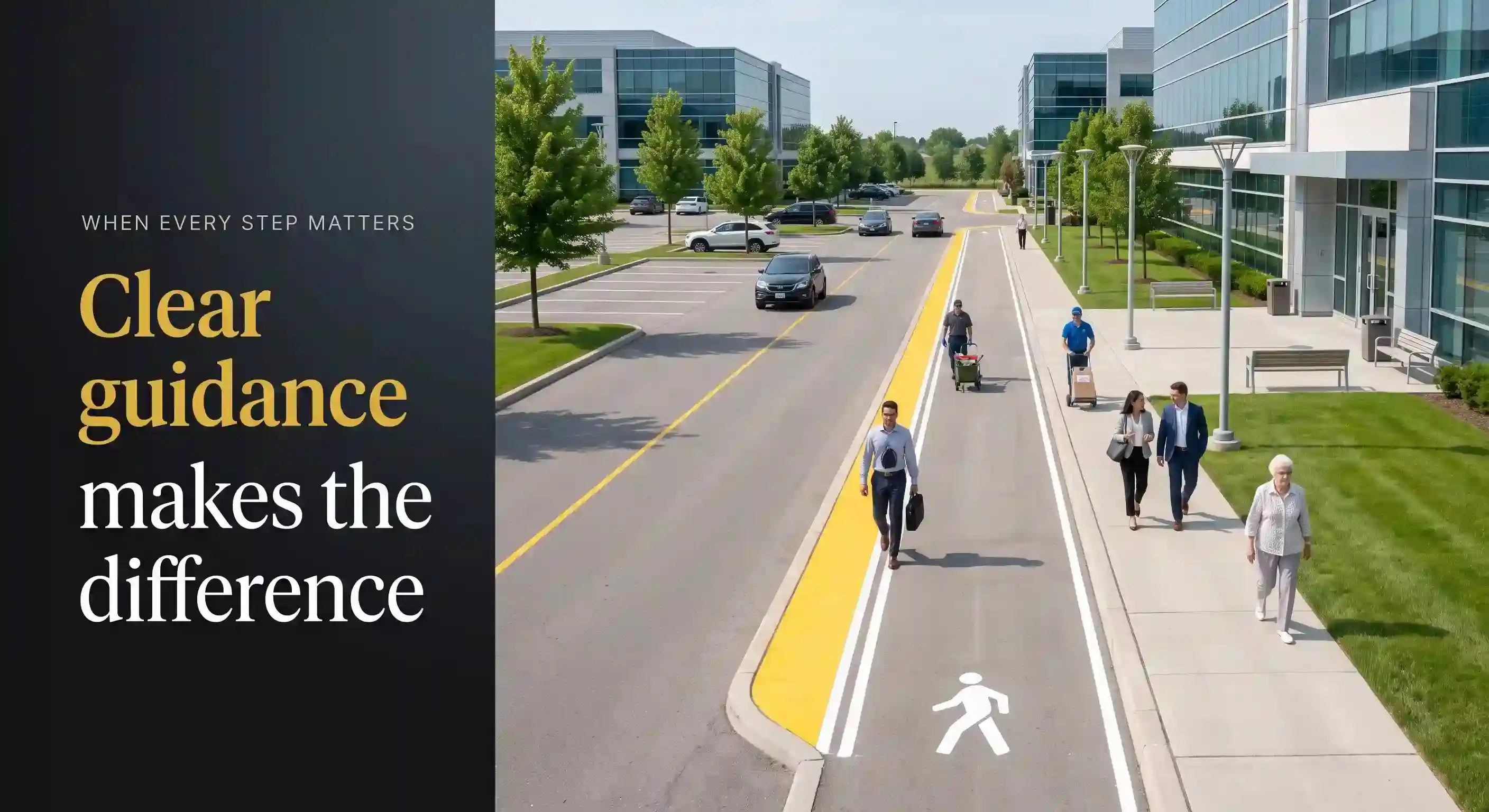 Professionally marked pedestrian walkway with clear traffic guidance demonstrating Safety Line Painting in Newmarket at a modern commercial property.