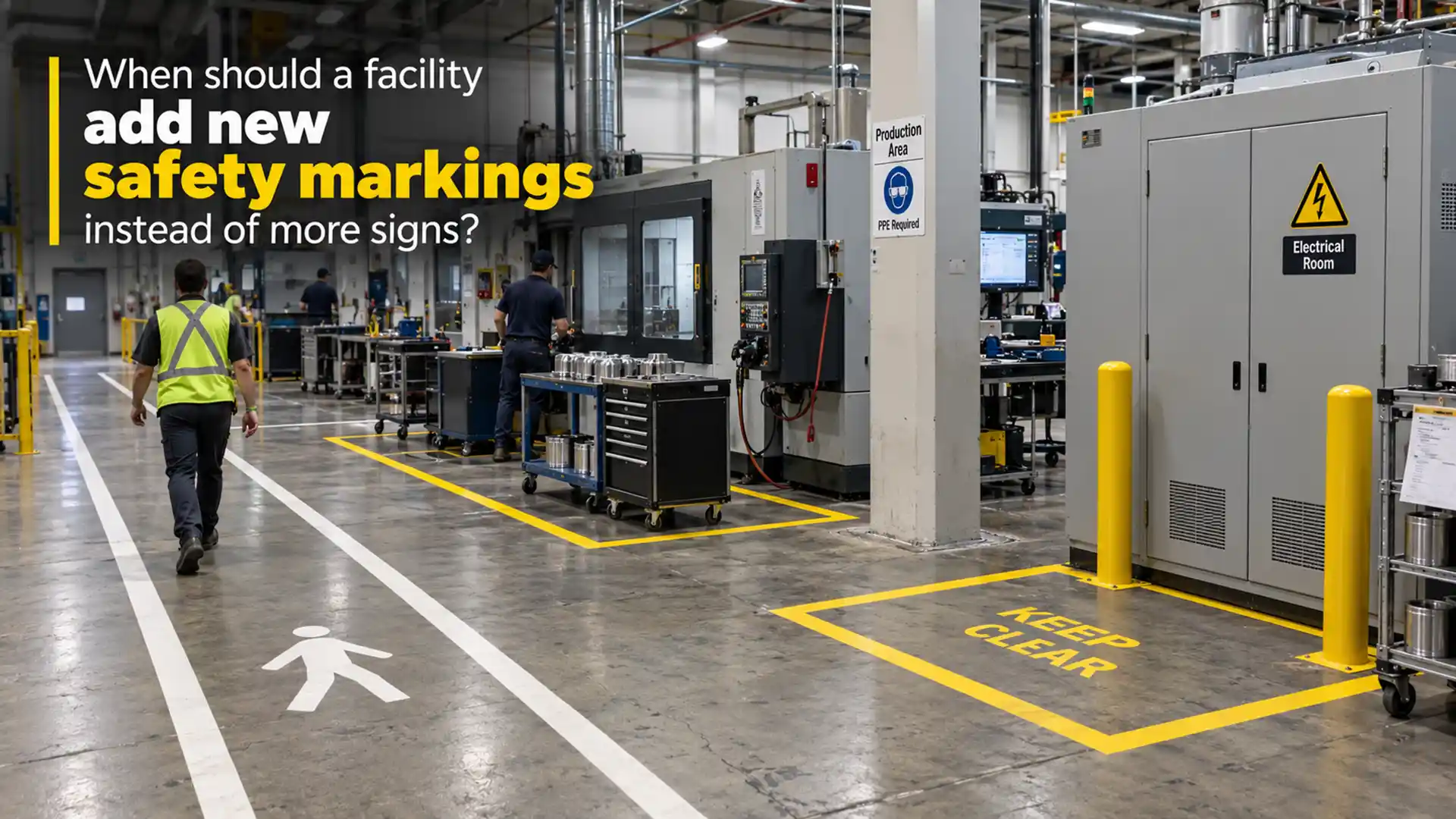 Safety Line Painting Services in Newmarket showing marked pedestrian lanes, equipment zones, and keep-clear areas inside an industrial facility