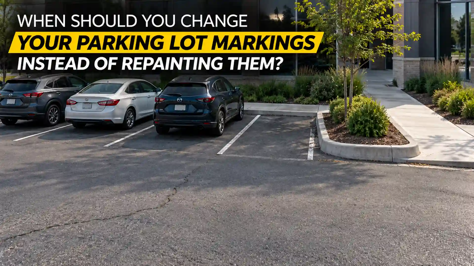 Commercial parking lot with parked vehicles, white parking space lines and a pedestrian sidewalk illustrating when to change Parking Lot Marking in Oshawa instead of repainting existing lines.