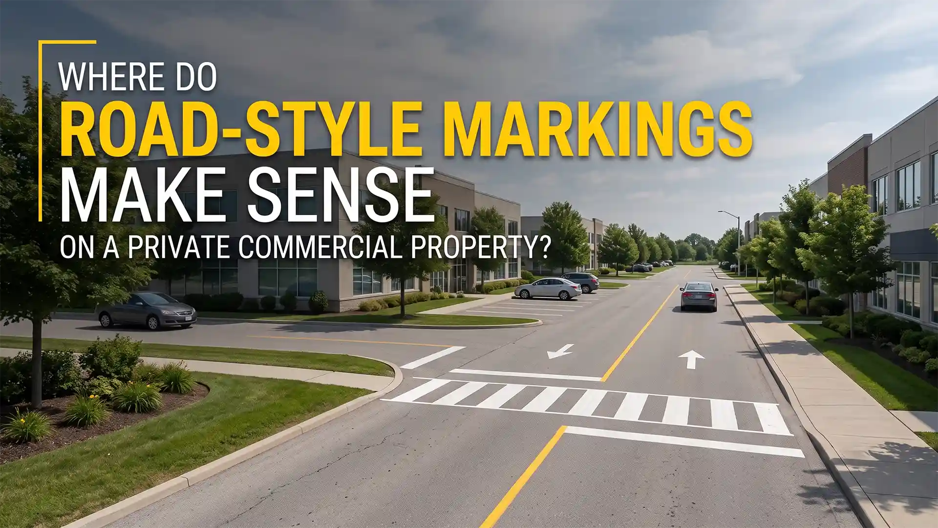 Road Line Painting showing directional arrows, centre lines, pedestrian crossing and traffic guidance on a private commercial property