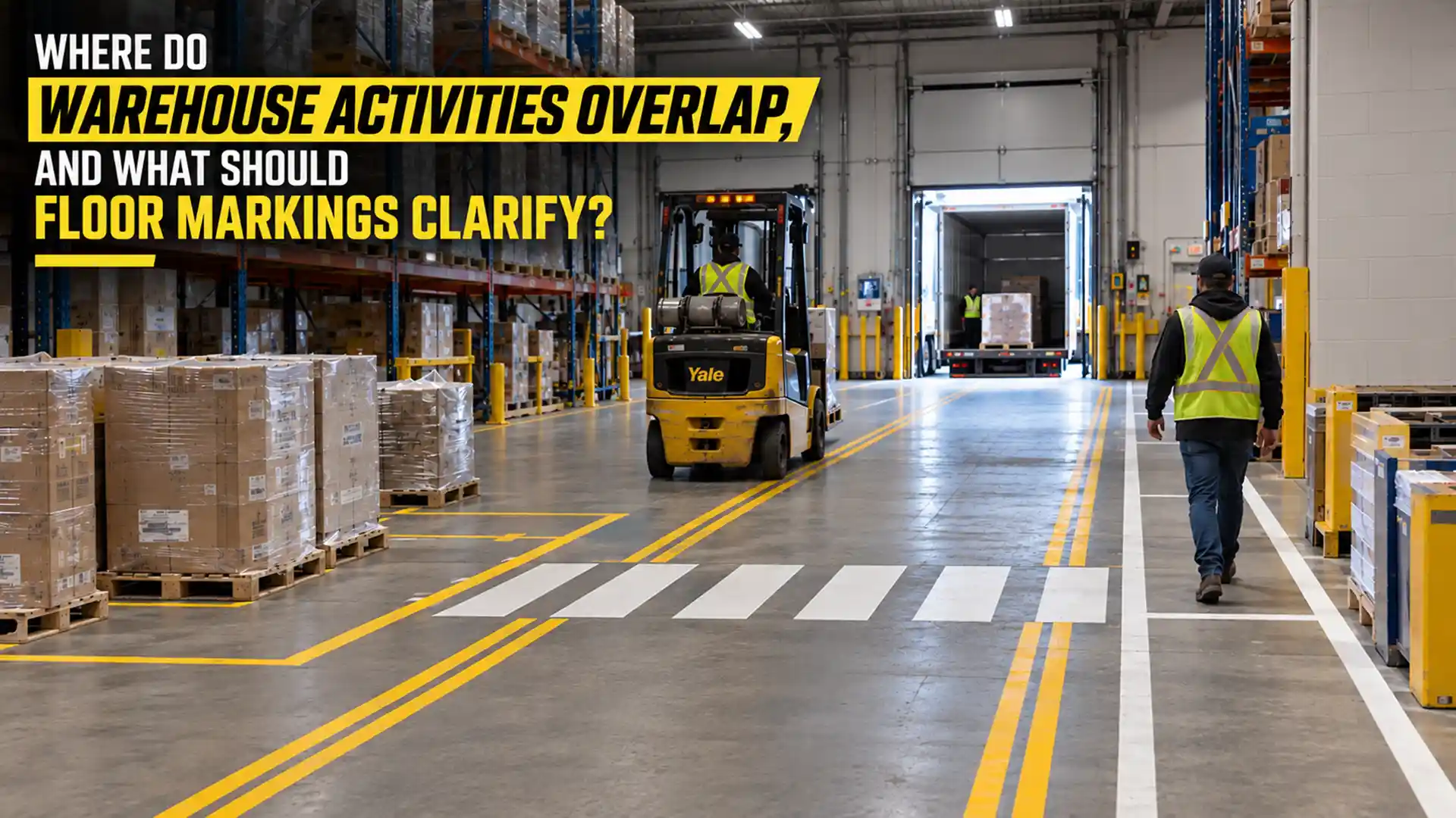 Where do warehouse activities overlap, and what should floor markings clarify?